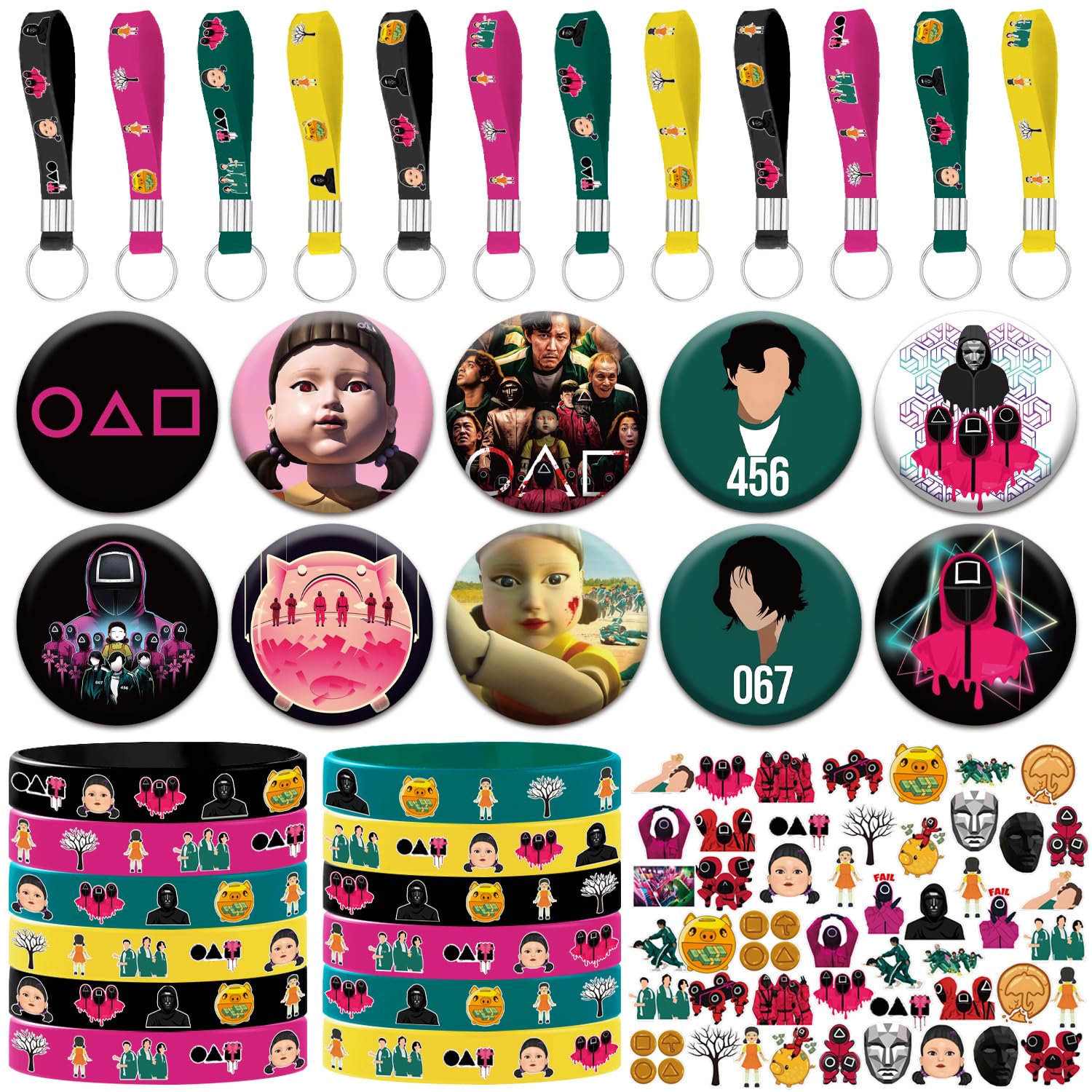 84pcs Birthday Party Decorations Set Include 50pcs Stickers, 12pcs Key Chains, 12pcs Bracelets and 10pcs Buttons Pins for Birthday Party Supplies Decorations sq