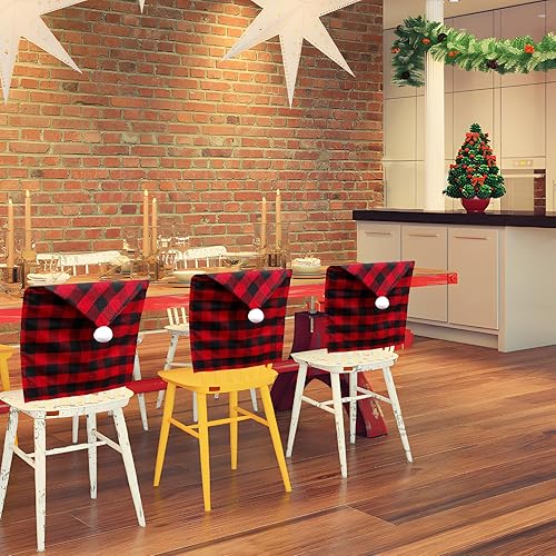 Miniatura 7 de Paquete de 4 fundas para sillas de Navidad a cuadros de Papá Noel, fundas para respaldo de silla, fundas rojas para sillas de comedor de Navidad