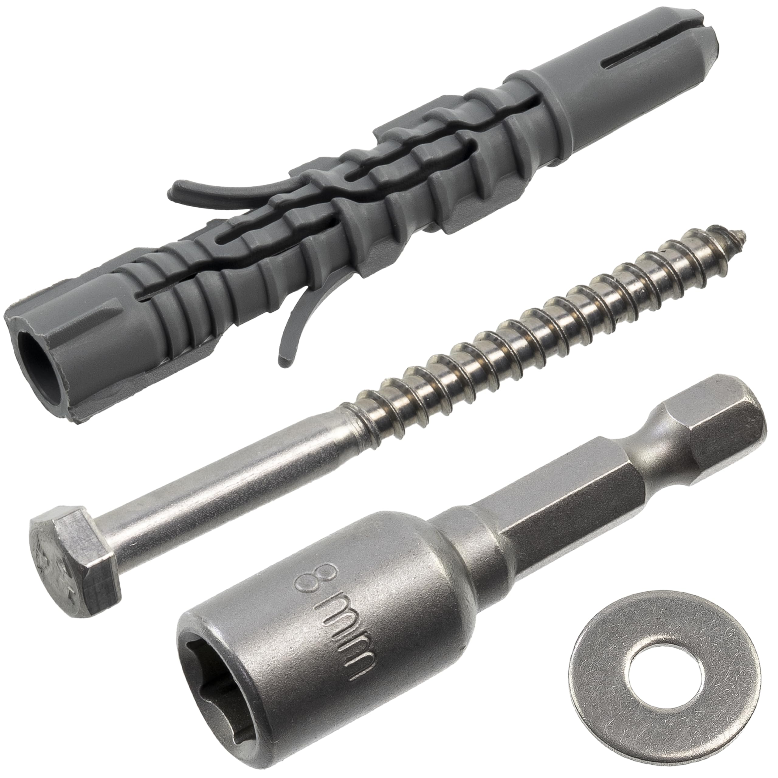 AERZETIX - Kit di 8 tasselli in nylon Ø8x60 mm + 8 viti tirafondo Ø5x60 mm inossidabile A2 + 8 rondelle larghe A2 per vite M5 + 1 bussola esagonale interna 1/4" SW8