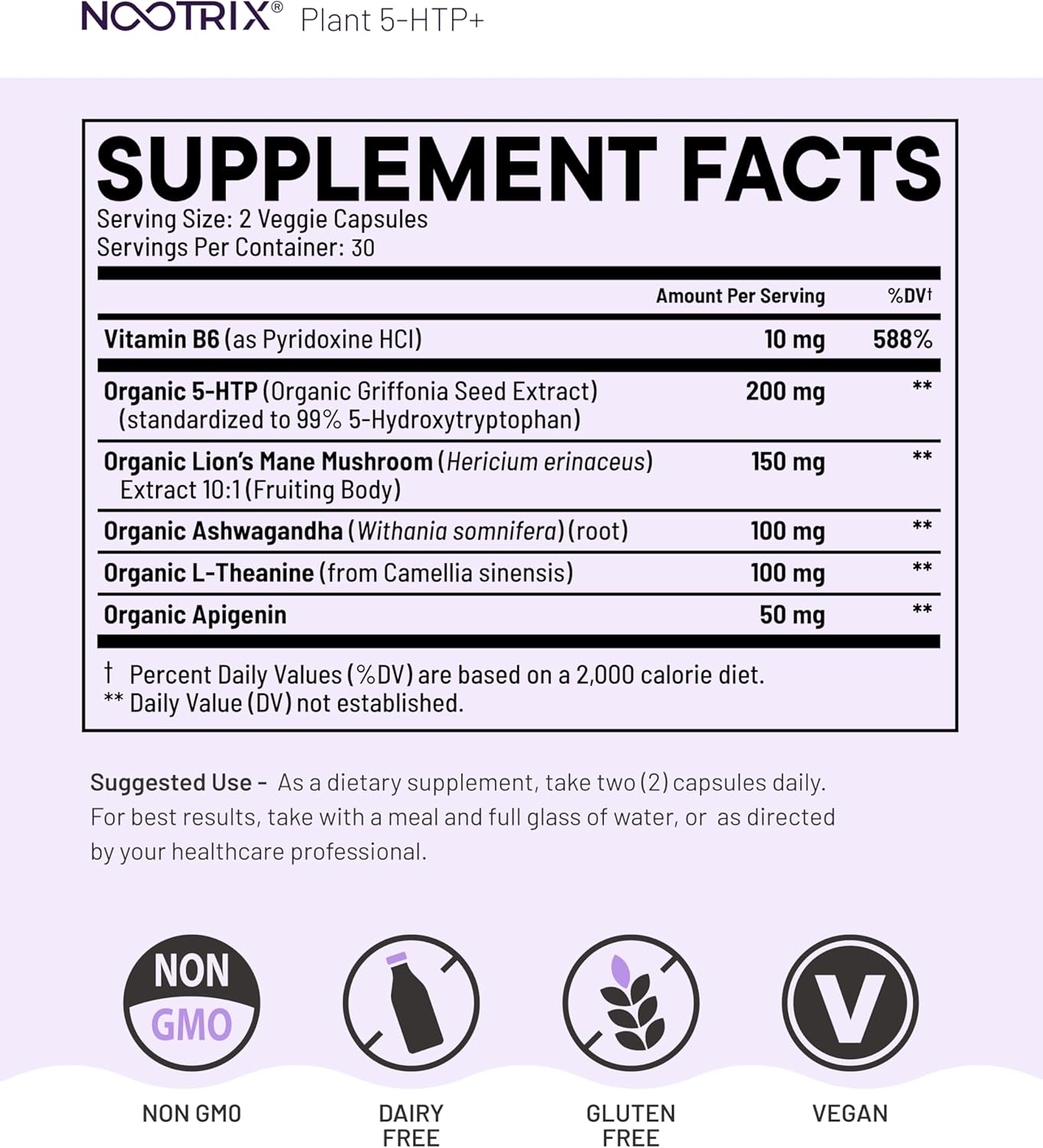 Nootrix Organic Plant 5 HTP+ Supplement | Supports Memory, Mental Focus, Cognitive Health & Energy | Promotes Healthy Mood & Brain Function | Vitamin B6 & L Theanine |60 Capsules