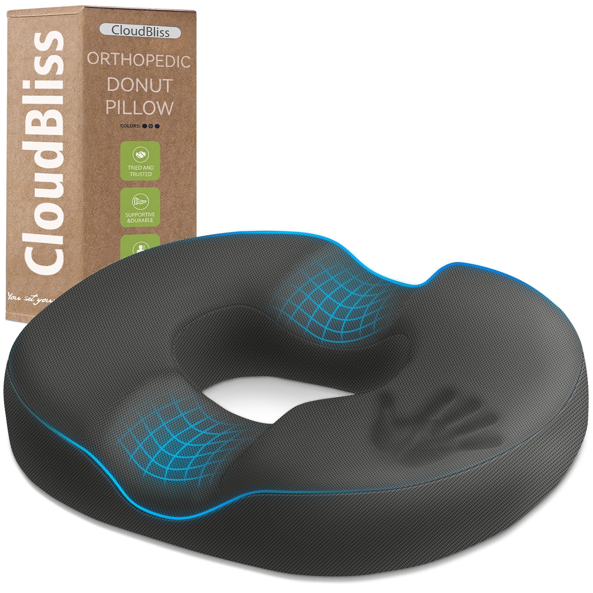 CloudBliss Donut Pillow Stadium Seat Cushion for Tailbone Pain Relief and Hemorrhoids, Memory Foam Seat Chair Cushion, Portable Seat Cushions for Bleachers, Car, Home &amp; Office