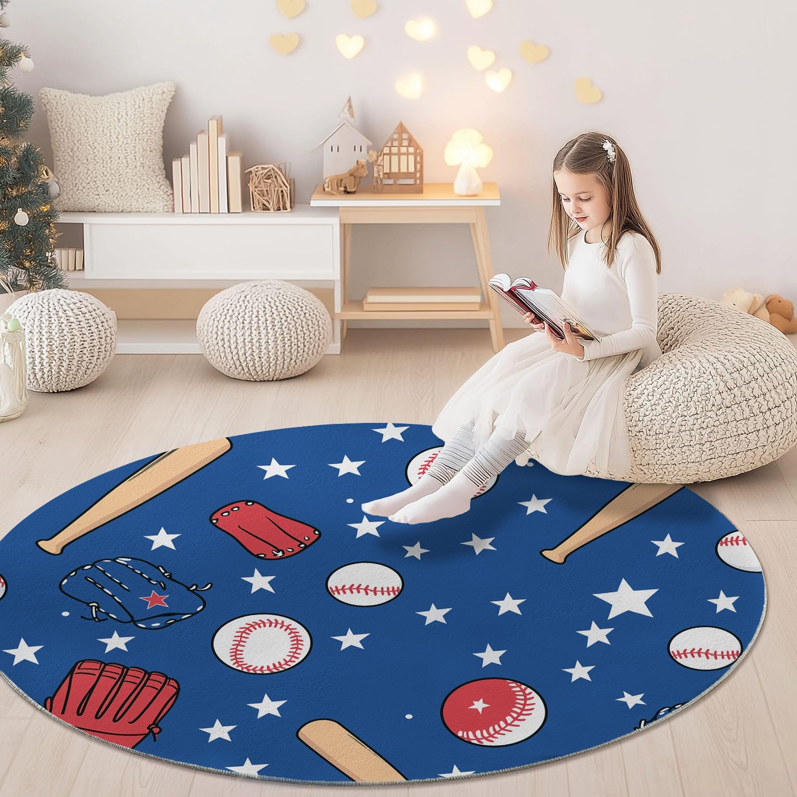 Tapis Rond 180 cm, Lavable & Antidérapant Doux à Poil Court, Motif Cartoon Baseball Étoiles Tapis pour Salon Chambre d'enfant d'amis Salle à Manger Bureau, Multicolore