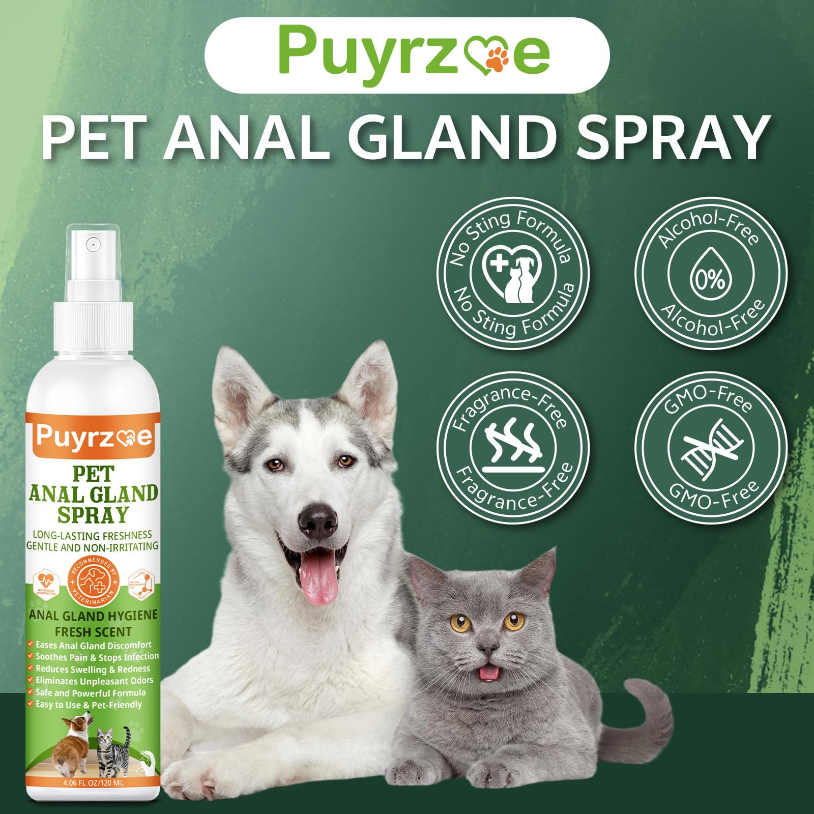 puyrzoe Spray natural para las glándulas anales para todas las mascotas, detiene el patinaje, elimina los olores, el enrojecimiento de las glándulas anales, alivia la picazón, cómodo para las