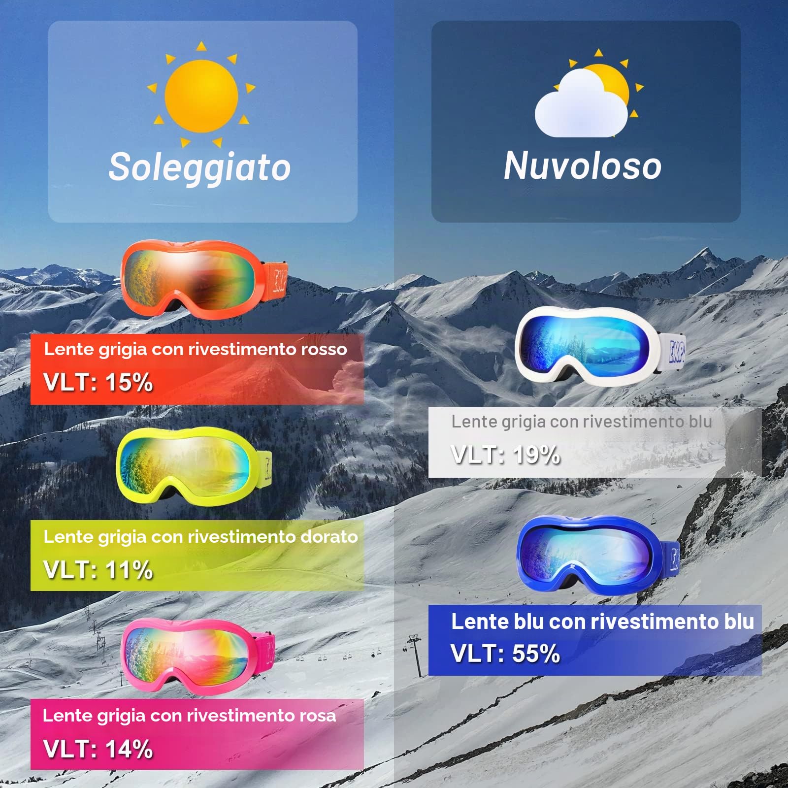 EXP VISION Occhiali da sci per bambini, antiappannamento, con protezione UV, occhiali da neve, per ragazzi e ragazze