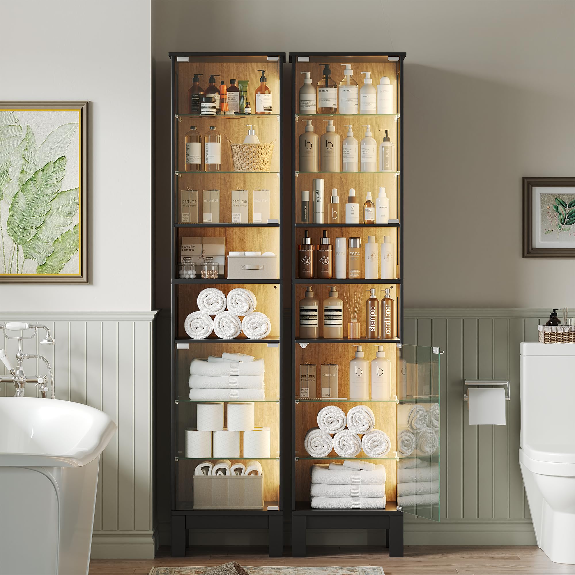 ZKIODV 180cm Vitrina de Cristal LED, Estrecha Armario Vitrina con 8 Estantes, Puerta de Vidrio Templado, Balda Ajustable y Desmontable, Moderna Vitrina para Salón Baño (Negro)
