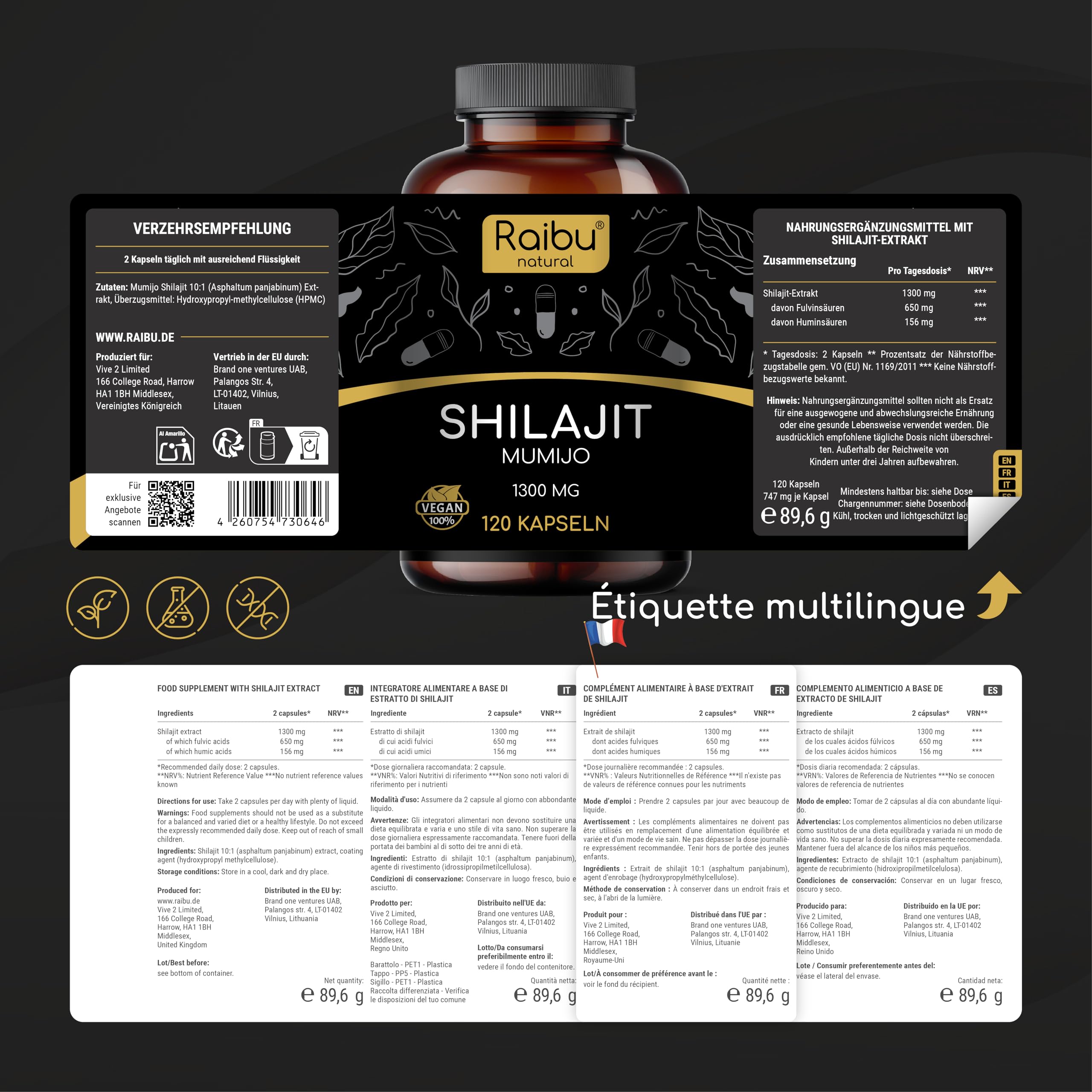 Shilajit Pur de l’Himalaya - 120 Gélules de Shilajit - Haute Concentration en Acide Fulvique et Acides Humiques - 1300 mg par Dose Quotidienne - Mumijo, Testé en Laboratoire, Sans Additifs