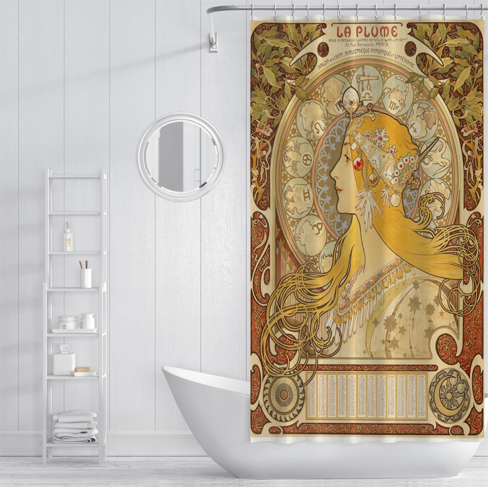 Rideau de Douche de Style Baroque Zodiac célèbre Peinture Impression Rideau de Salle de Bain pour baignoires Cabine de Douche avec Crochets en Forme de C étanche W180xL200(cm)