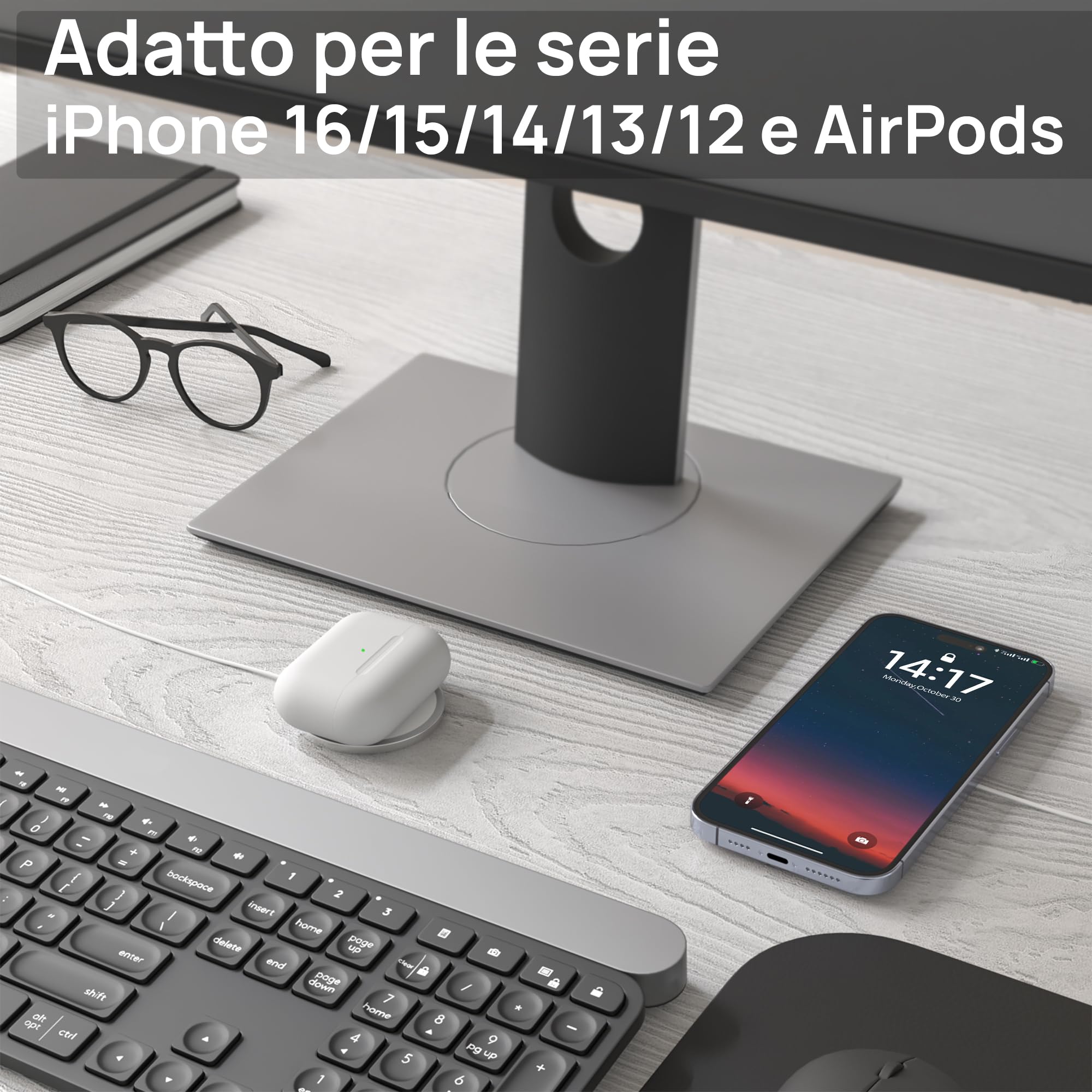 Caricatore Mag safe, 15W Caricatore Wireless Magnetico,Caricatore Senza Fili Portatile Rapida Magnetico Caricabatterie compatibile iPhone 16/15/14/13/12 e Airpods 2/3/Pro/Pro2 (Bianco)