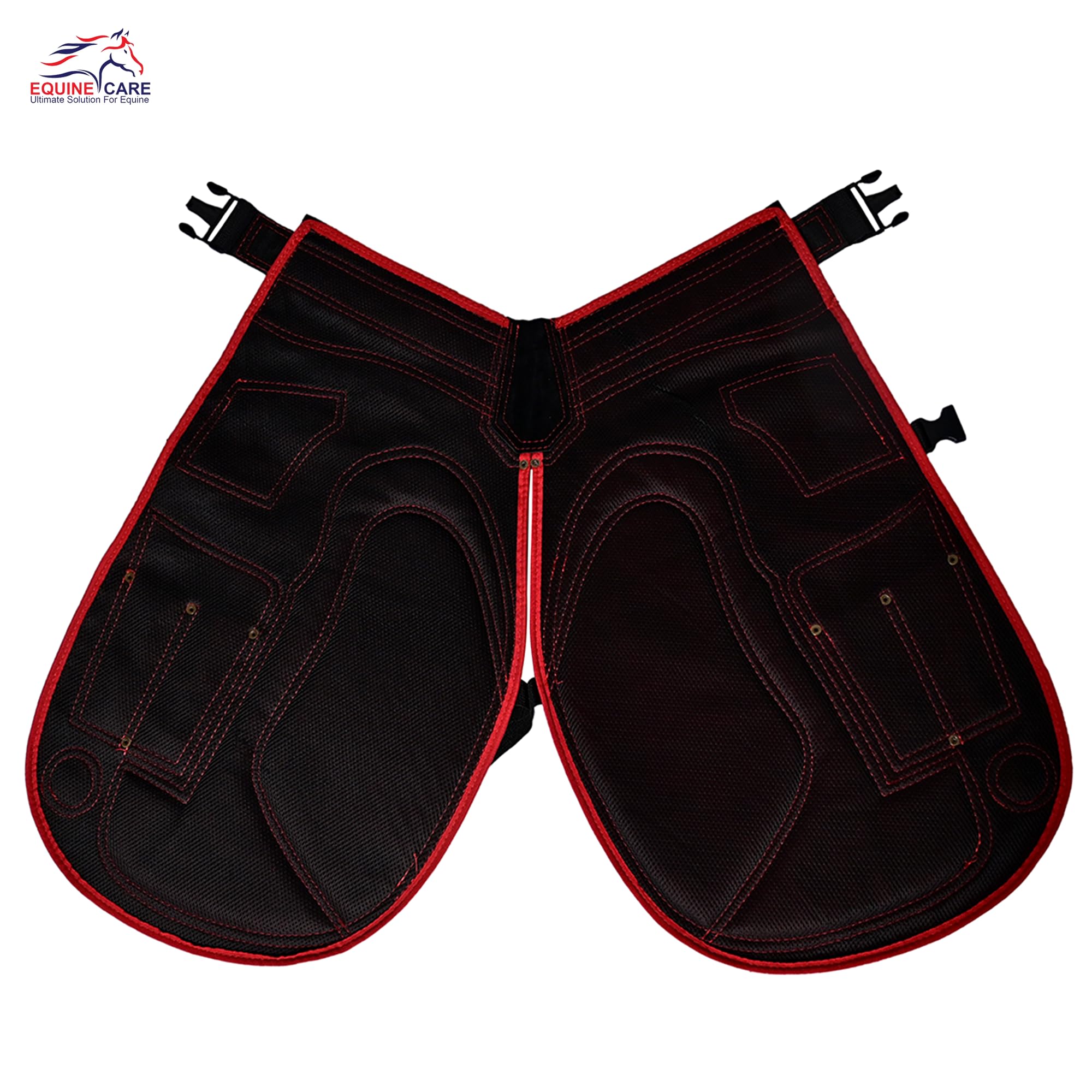 Equine Care Delantal Farrier - 23 Pulgadas y 25 Pulgadas - Piel de Ante y Lona - 4 Bolsillos, 2 imanes - Corte de Herradura y pezuña - Rojo/Negro, 23 Pulgadas (59 cm) de Longitud.