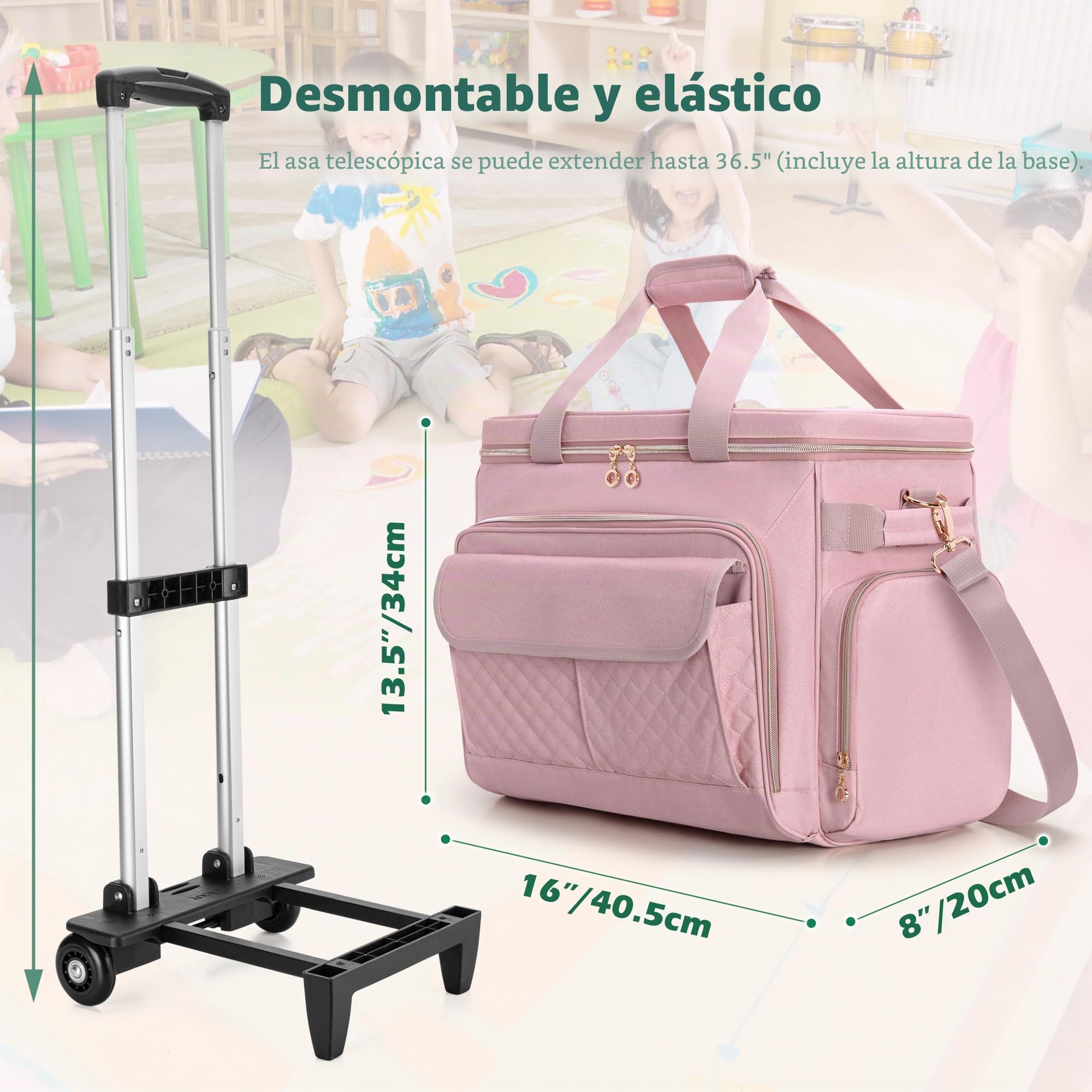 Luxja Bolsa de Profesora con Ruedas con Compartimento para Computadora Portátil y Plataforma Rodante Desmontable, Bolso para Maestra con Área de Archivo de Acordeón (Solo Bolsa), Rosa