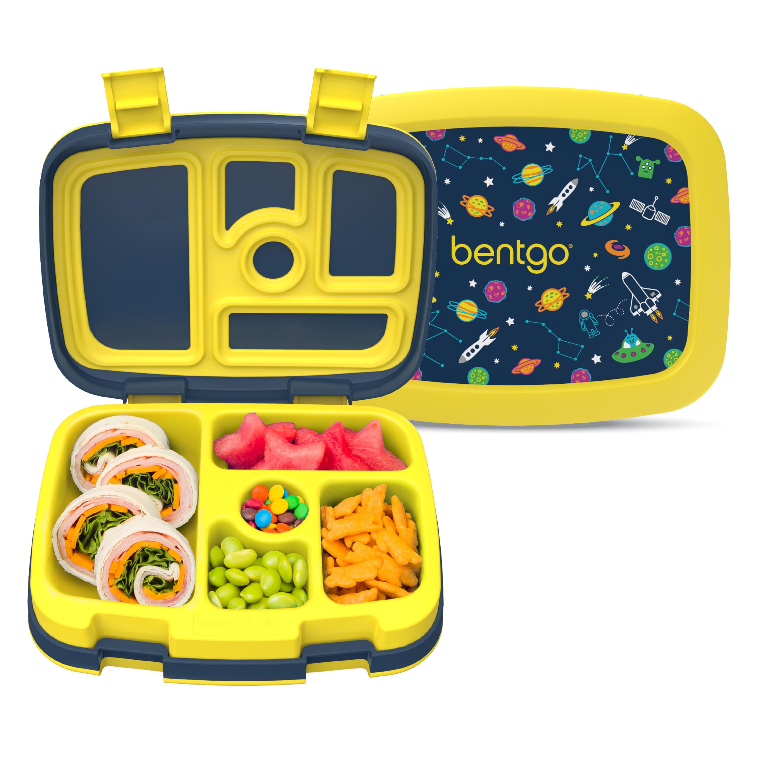 Bentgo® Kids Prints Leak-Proof 5-Compartment Bento Lunch Box - Ideal Portion Size for Kids Ages 3-7 - BPA-Free, Dishwasher Safe, Food-Safe Materials (Space)