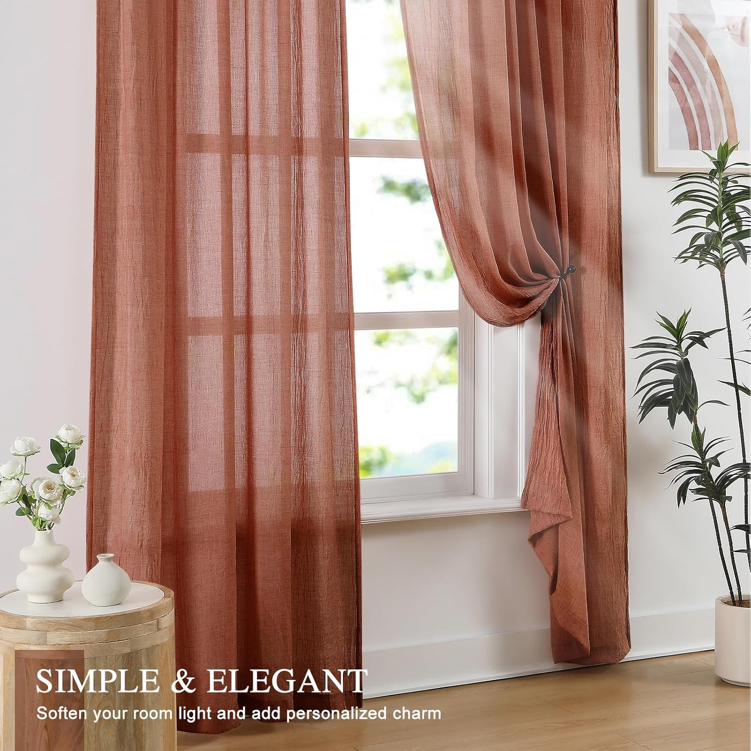 Terracotta Sheer Curtains 84 Inches Long Cotton Linen Textured for Living Room, Bedroom Light Filtering Crinkle Sheer Drapes Natural Rod Pocket Privacy Thin Curtains, W52 x L84 in, 2 Panels
