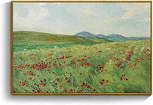 crmotu Framed Canvas Wall Art, Hillside Landscape Art Prints, Flower Field Vintage Decor Pictures, Nature Scenery Wall Paintings for Living Room Bedroom Bathroom Rustic Farmhouse Kitchen Decor 16x24in
