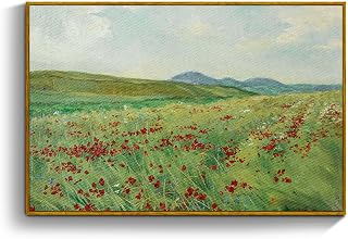 crmotu Framed Canvas Wall Art, Hillside Landscape Art Prints, Flower Field Vintage Decor Pictures, Nature Scenery Wall Paintings for Living Room Bedroom Bathroom Rustic Farmhouse Kitchen Decor 16x24in