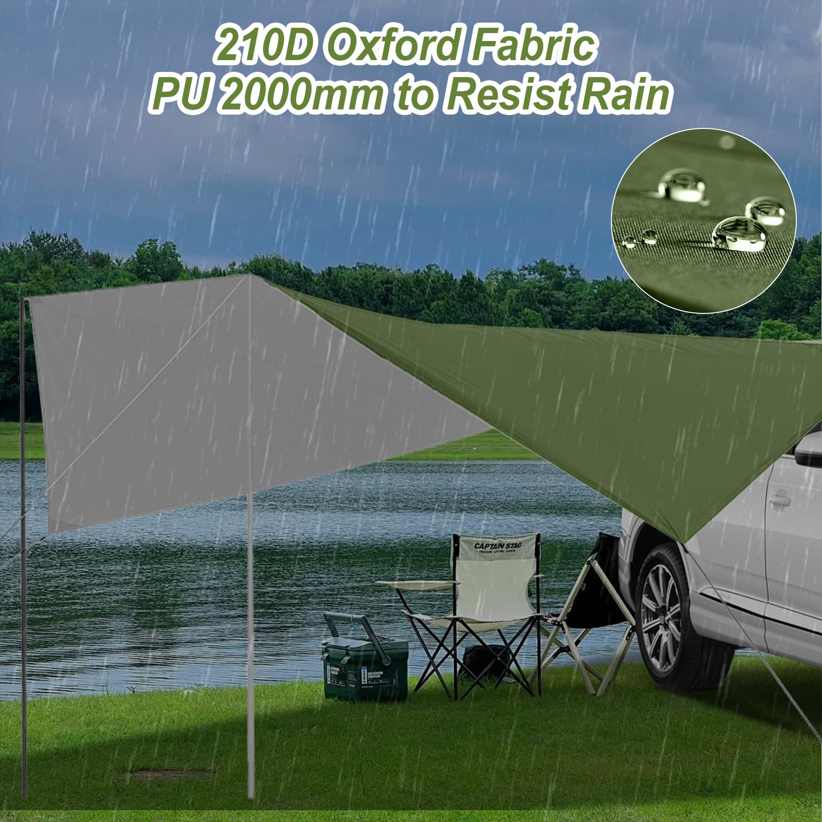 Toldo para Coche, Universal Toldo para Portón Trasero de Coche 380x280cm, Impermeable Toldo Parasol Coche para Auto, SUV, Camping (Verde)