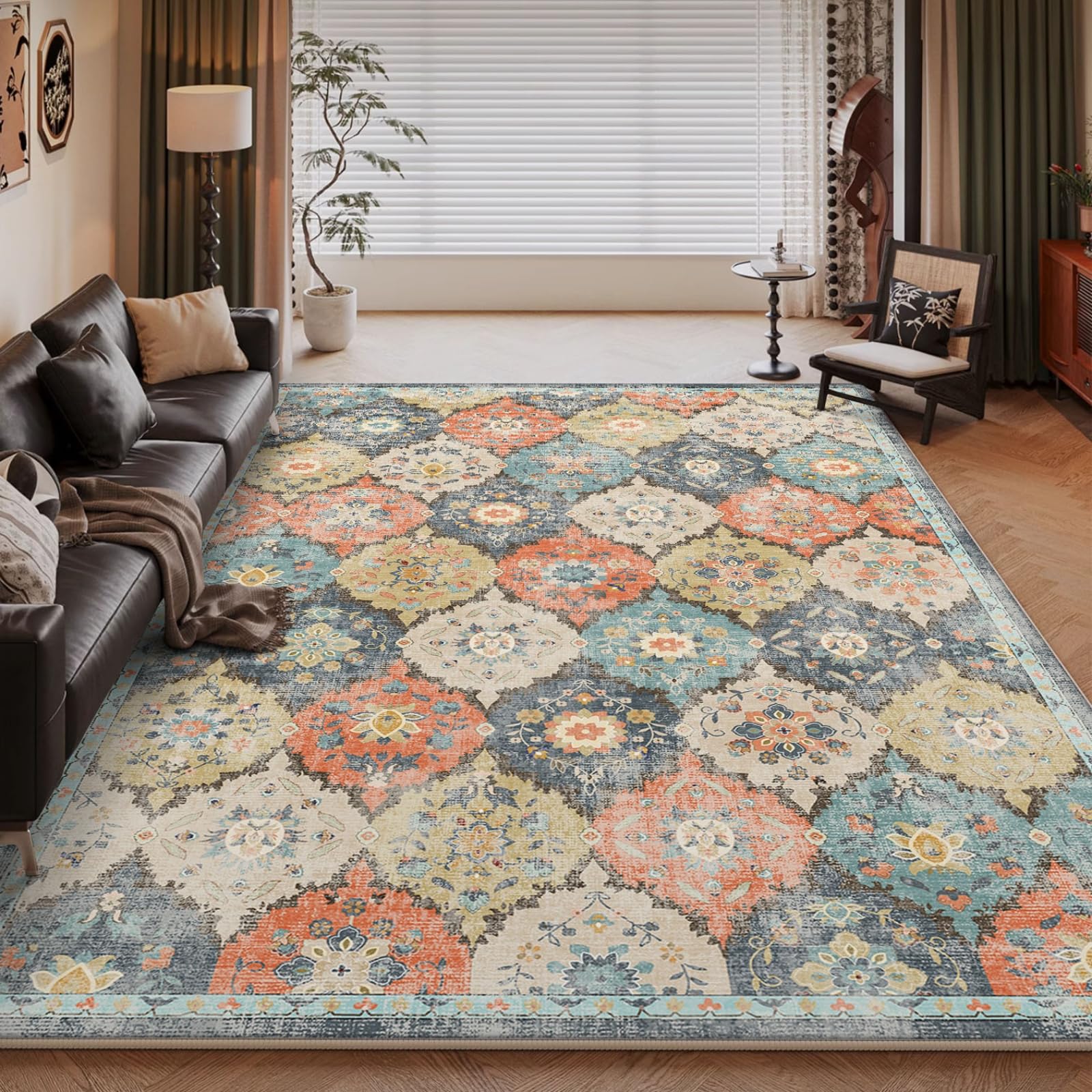 NYCCIA Traditional Mediterranean Rug 120x180cm - Navy Blue Ethnic Diamond Design with Mustard Yellow & Cream Splicing, Low Pile Non-Shedding Floor Mat for Hallway/Nursery/Pet Zone