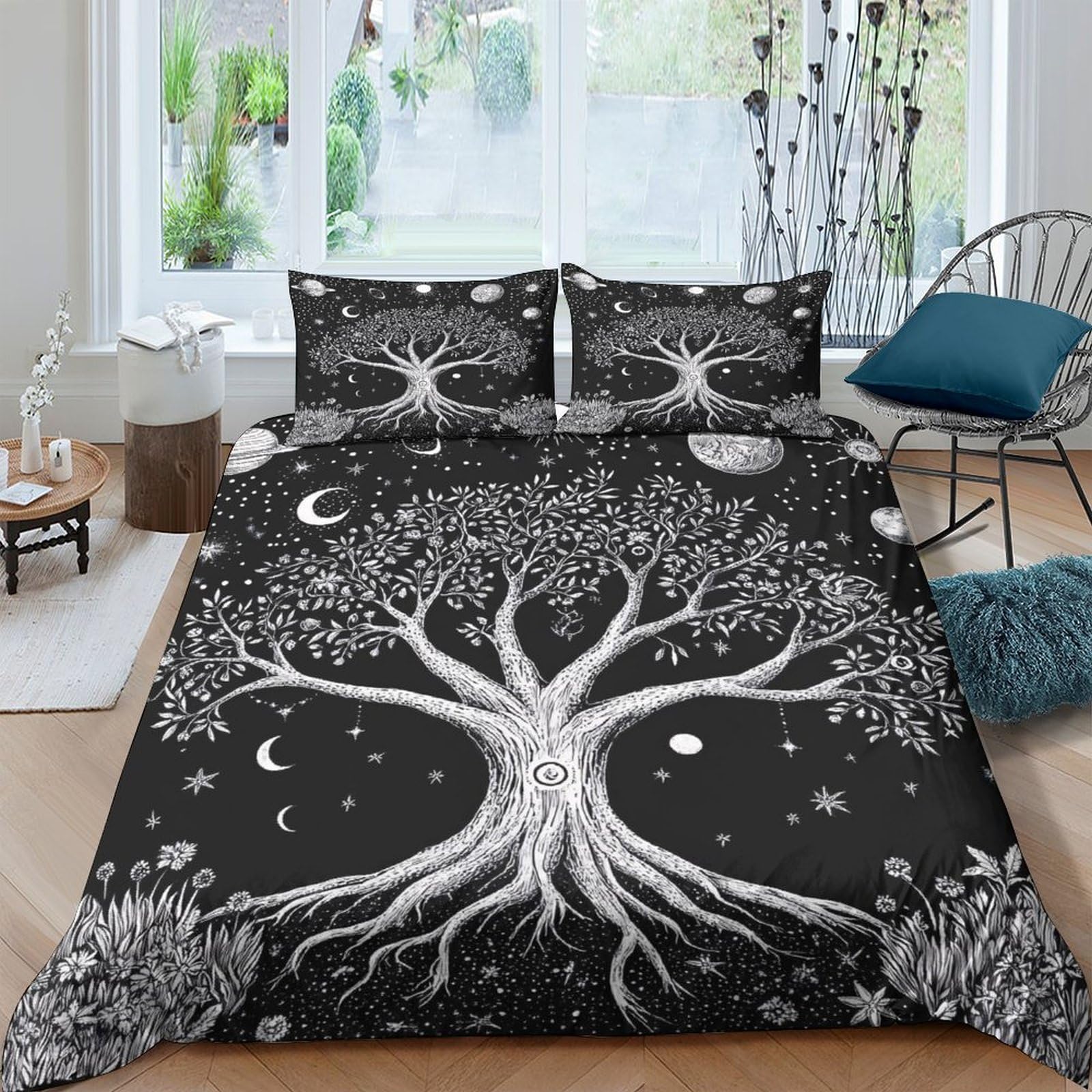 Ctjqhvkz Style-6 3D Printed Tree Of Life Fitted Sheet Microfiber Black White Night Moon Bed Sheet For Bedroom Dorm Décor Single（135X200cm）