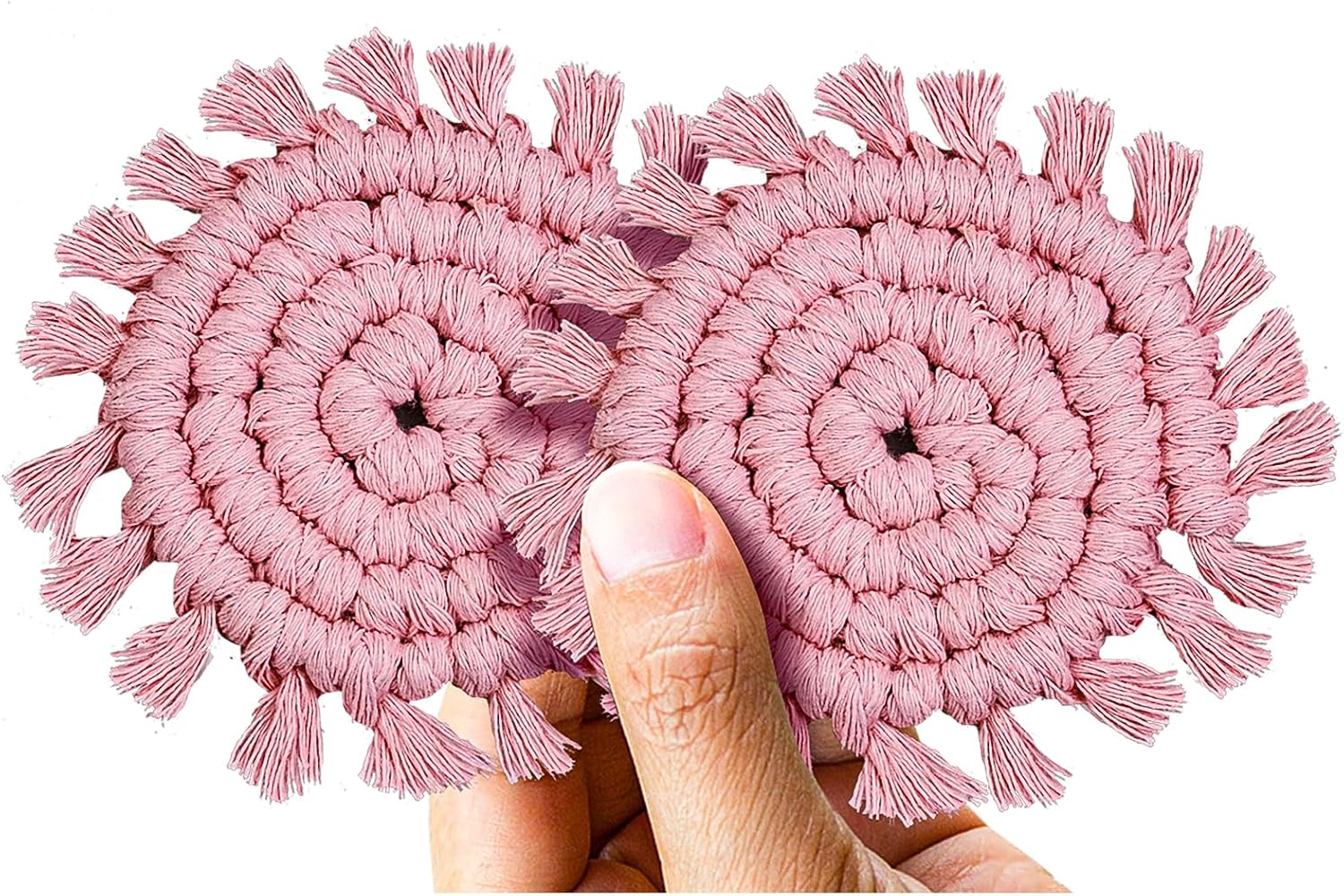 Cotton Car Coasters for Cup Holders, 2 Pack Car Cup Coasters Drink Holder Cute Macrame Boho Cup Holders Car Interior Accessories for Women, Girl-Pink