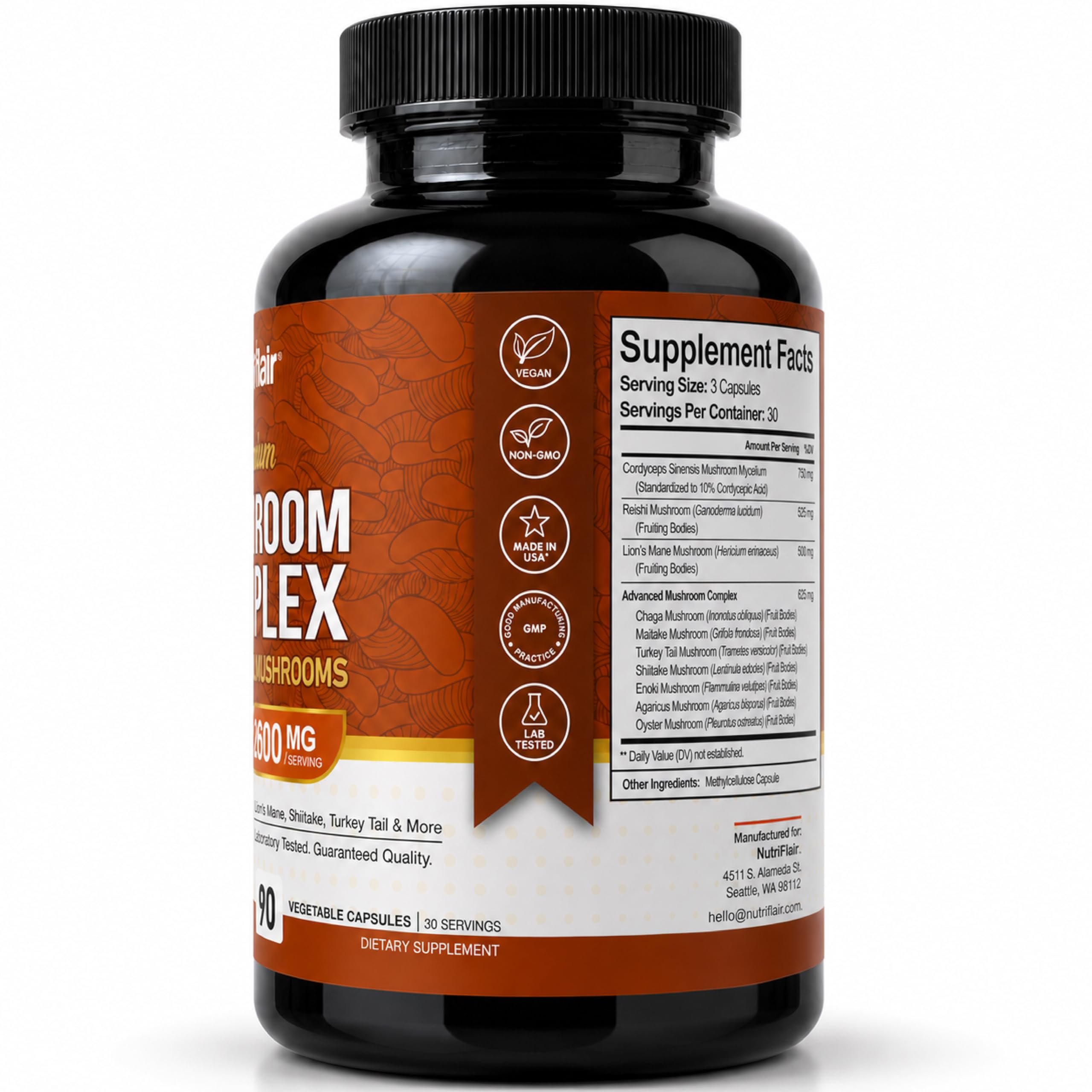 NutriFlair 10 Mushroom Complex Supplement 2600mg, 90 Capsules | Made in USA — Amazon image 3