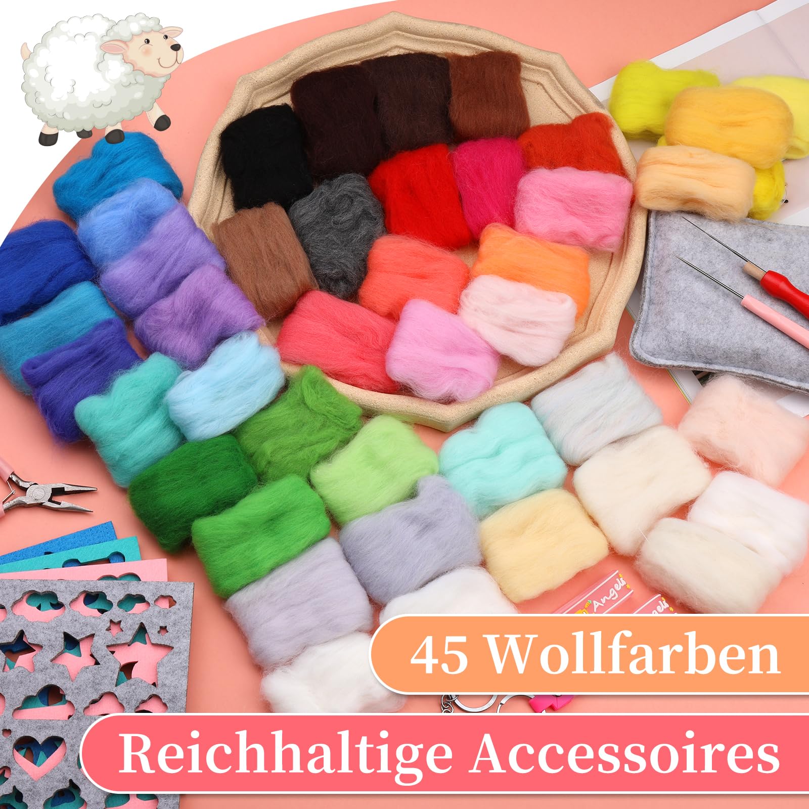 Riddur 385-teiliges Nadelfilz-Set, 45 Farben Filzwolle Trocken filzen Starterset, Filz Set, Grundlegenden Filzwerkzeugen und Zubehör, Weichem Nadelfilzpad für Diy Bastelprojekte und Handarbeiten