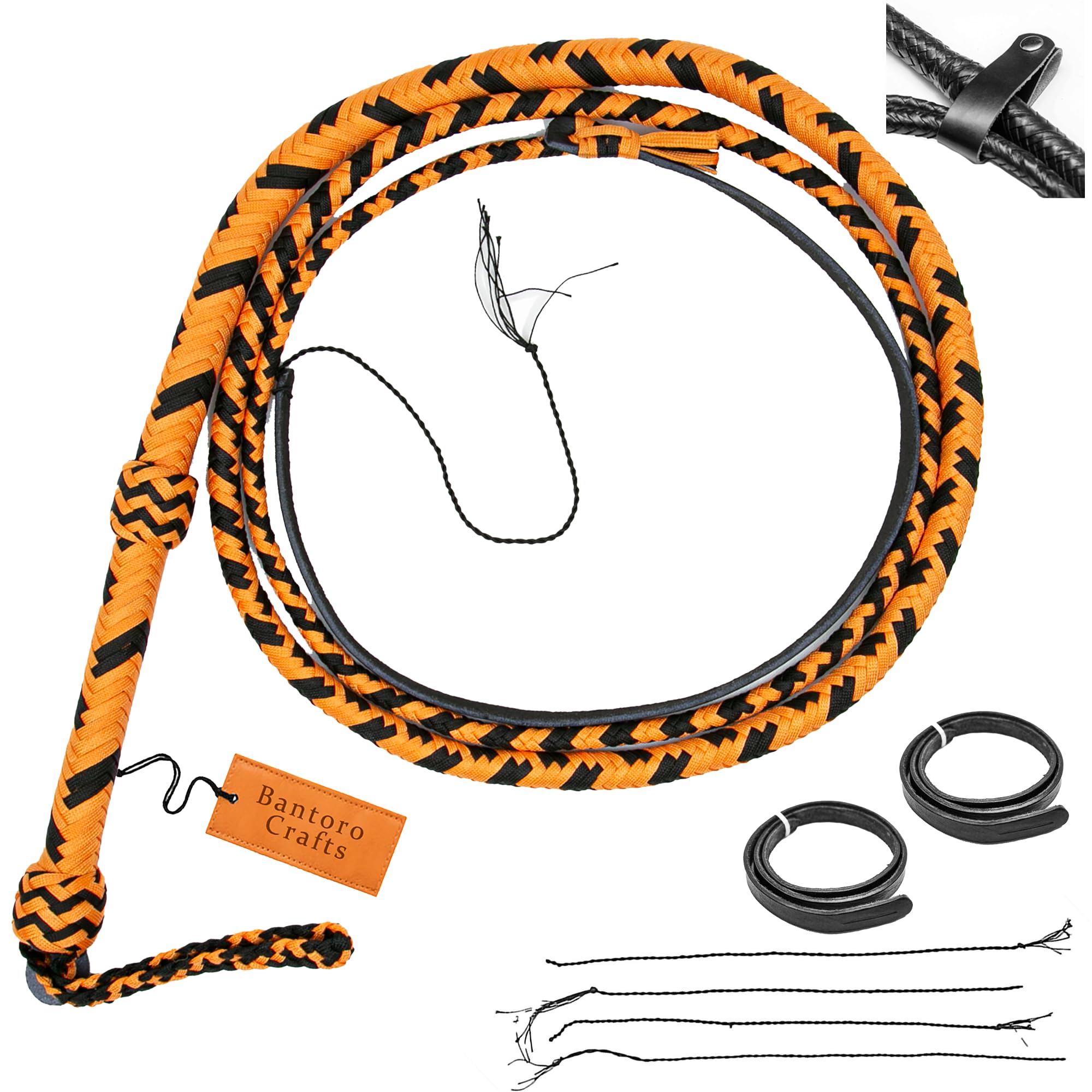 Bantoro Crafts 16 Plait Paracord/Nylon Performance Bullwhip with Reinforced Core Handle Multiple Sizes (Black & Orange, 6 feet (1.8 meter))