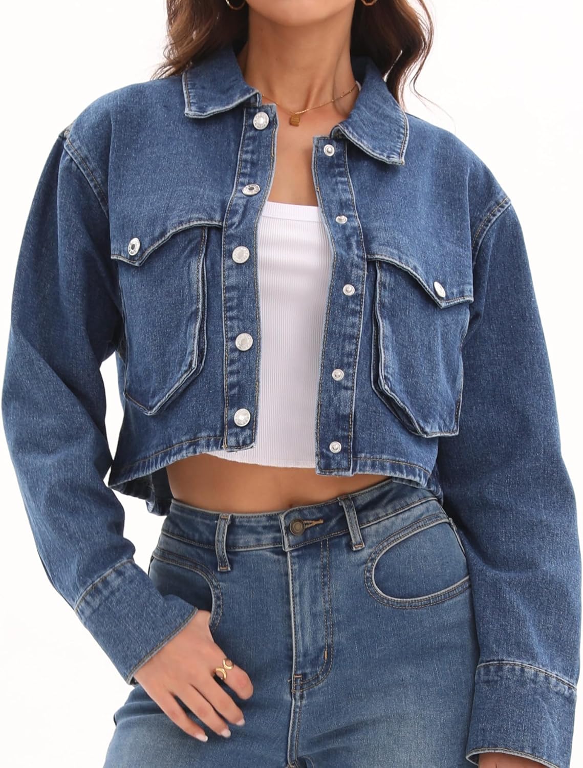 Women's Long Sleeve Button Down Cropped Trucker Short Denim Jean Jacket with Pockets - Image 2