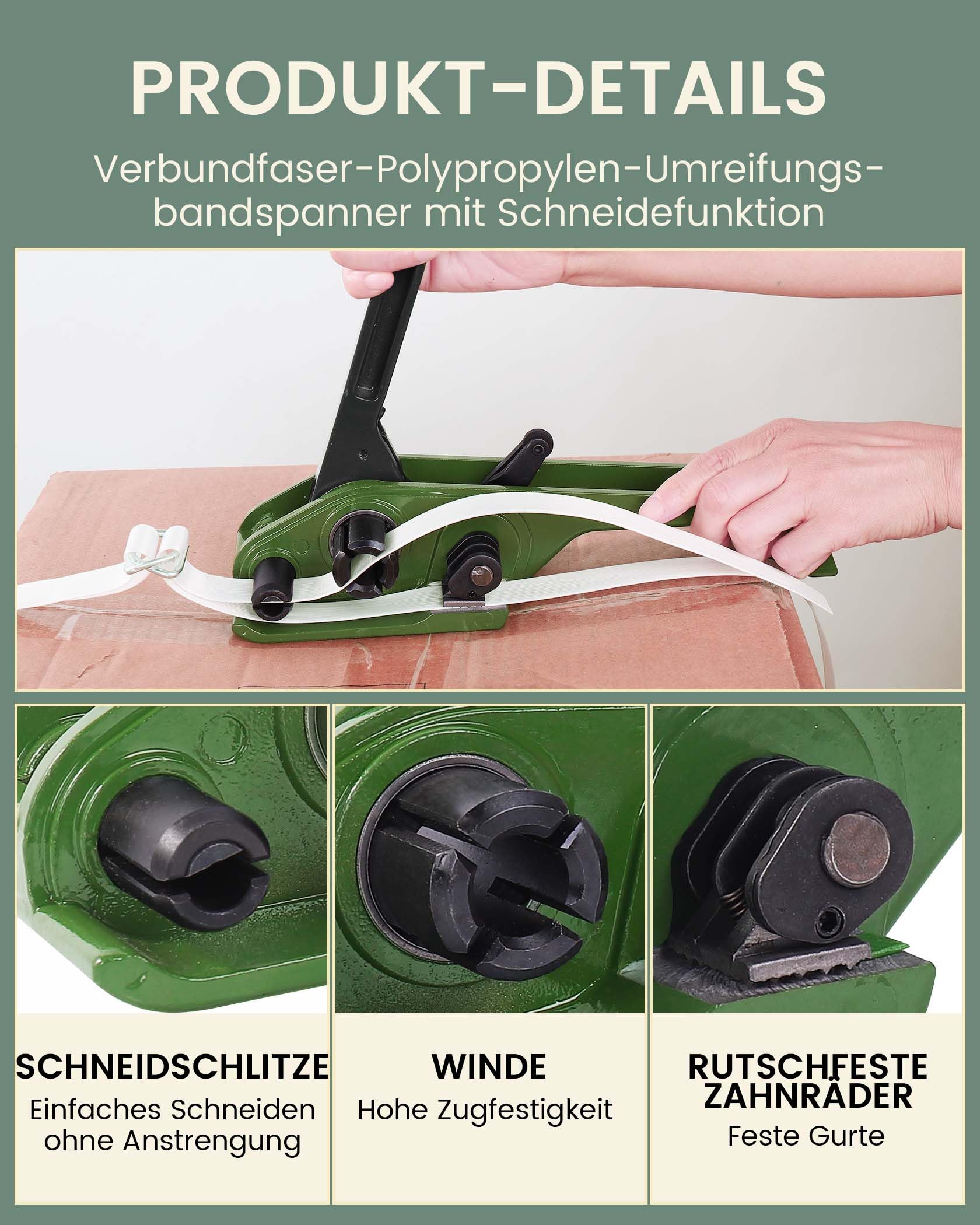 FoundGo Manuelles Umreifungsset 19 mm 200 m Hochfestes Polypropylen-Umreifungsband mit Fasern, Grasgrün