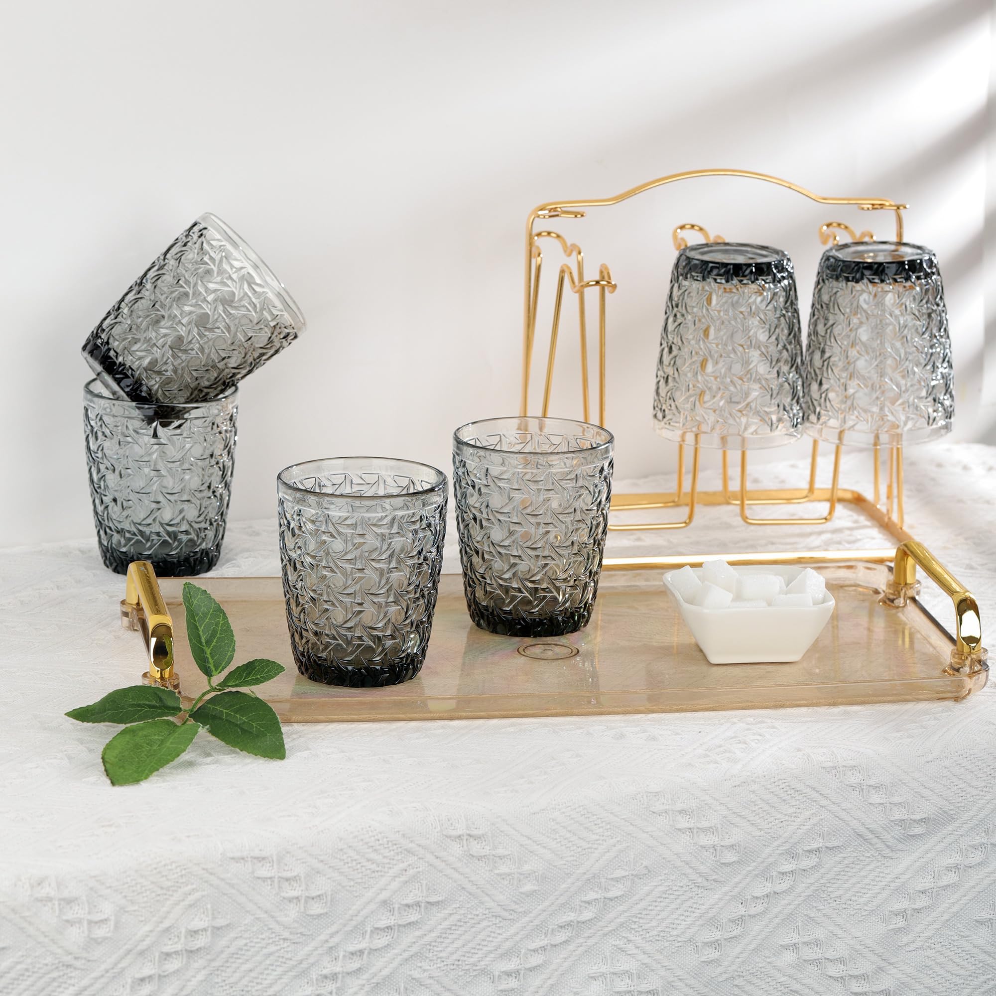Joeyan Gris Verre a Eau,Empilable Verres à Boire Gobelet Vintage en Relief Fleur,pour Jus Boissons Bière Cocktail,300 ML,Lot de 6,Sécurité au Lave Vaisselle