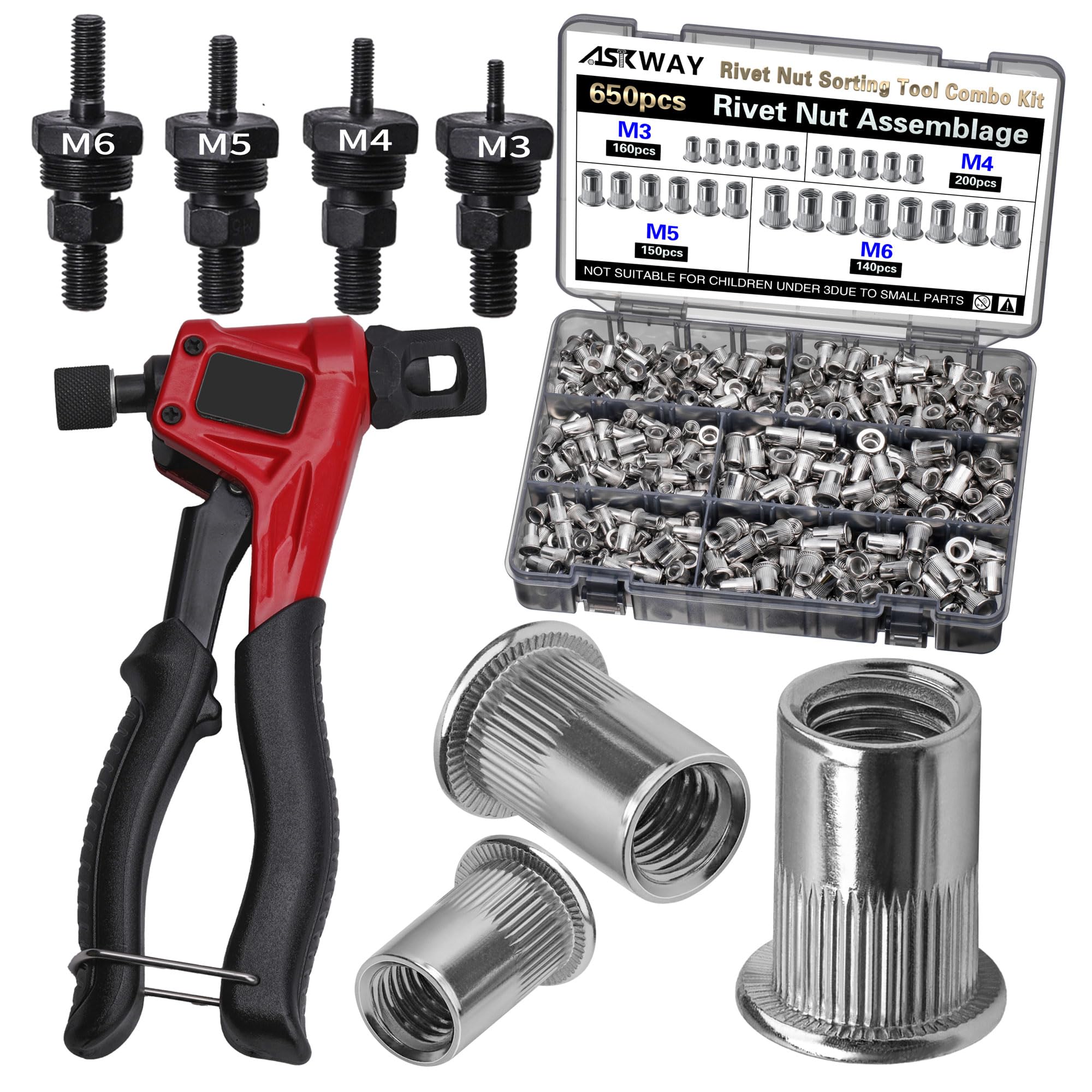 Stainless Steel Pressure Rivet Nut Tool Kit 650PCS Metric Rivet Nut Combination M6 M5 M4 M3 Suitable for