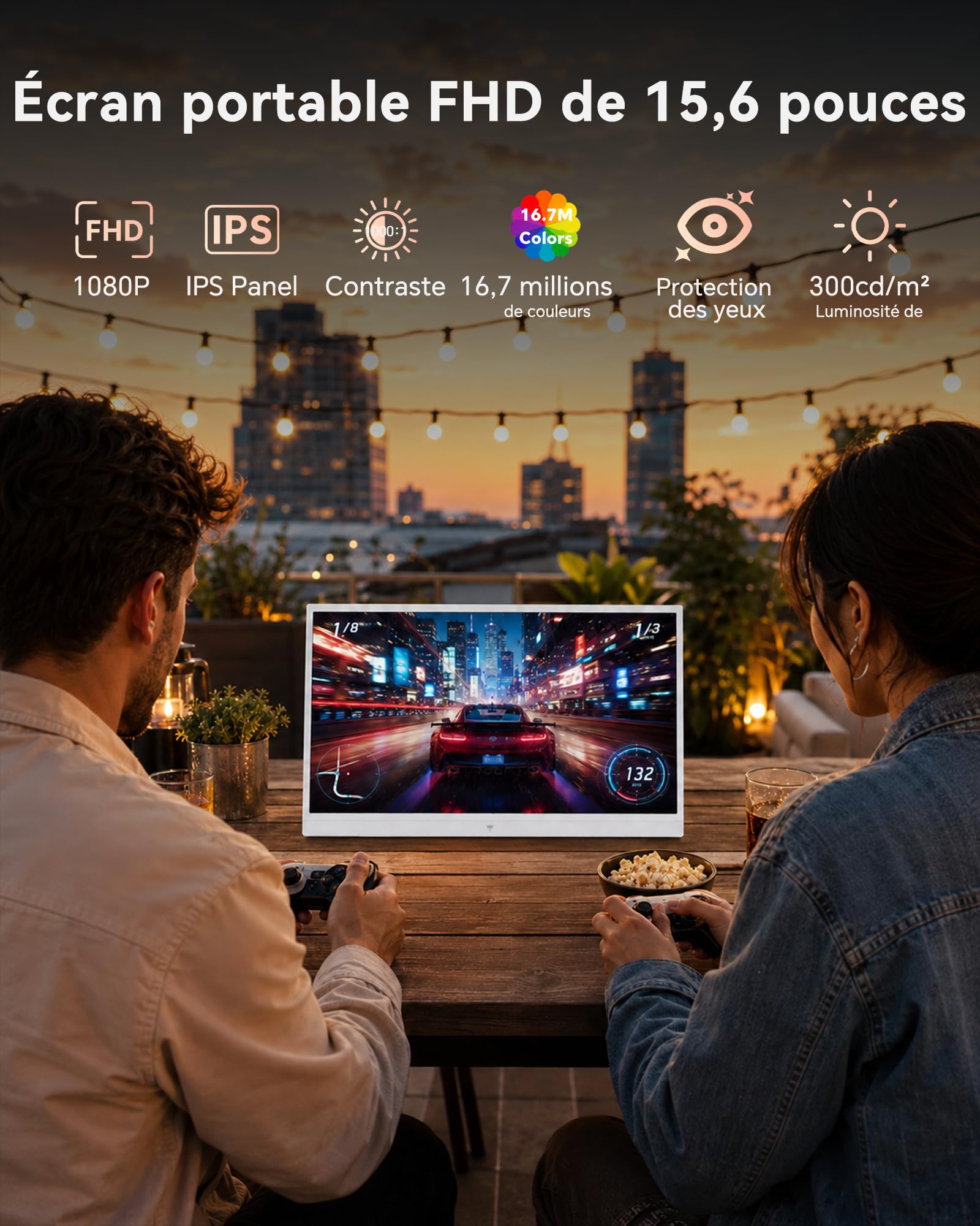 KTC Écran Portable 15,6" 1920x1080 FHD IPS, USB-C & Mini HDMI Écran Externe, HDR10, Moniteur de Jeu Ultra-Fin Portable avec Support & Haut-parleurs, pour Laptop/PC/Mac/PS3/PS4/PS5/Xbox, Blanc