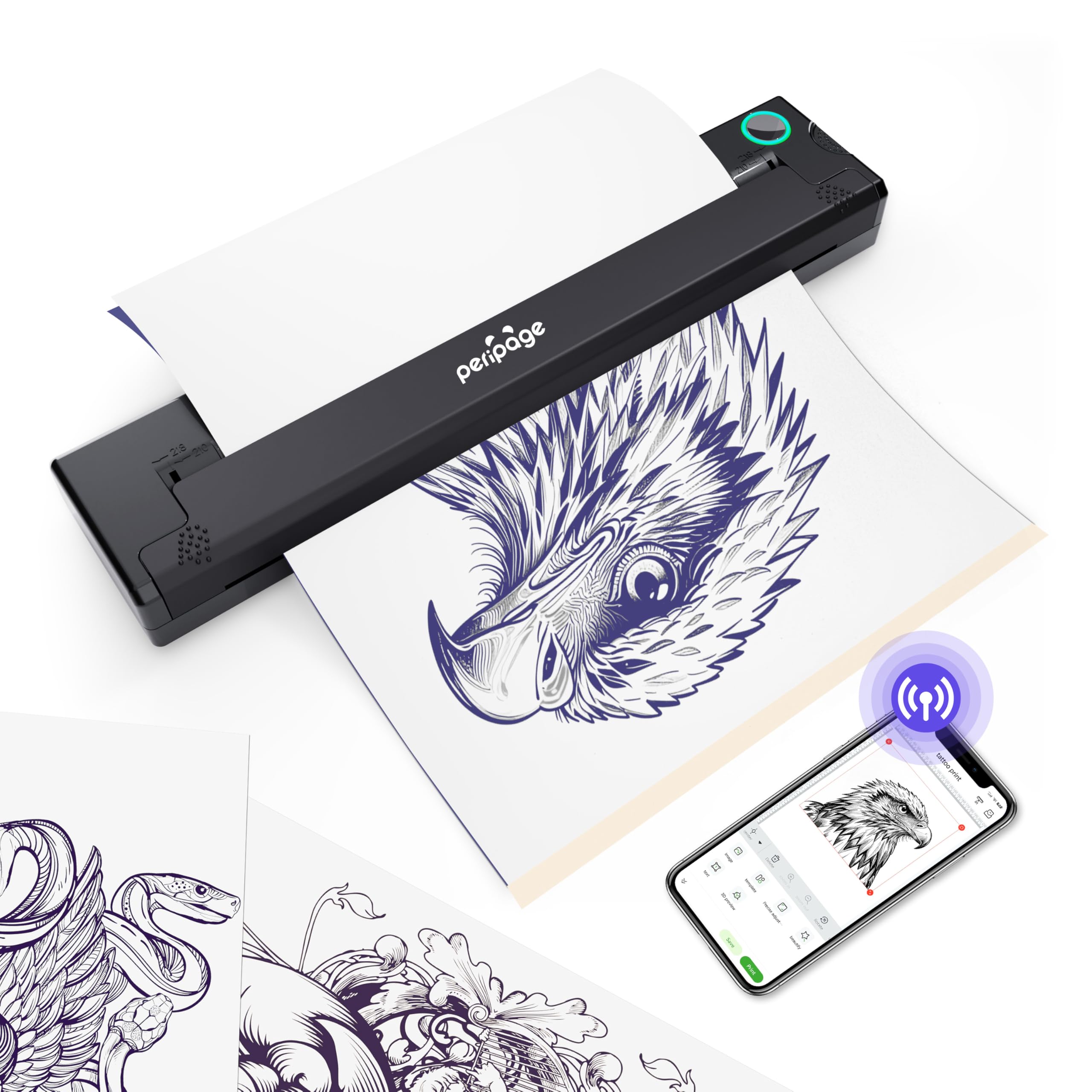 PeriPage P90 Impresora térmica inalámbrica para Tatuajes con Papel de Plantilla, Kit portátil Compatible con teléfono, Tableta y PC