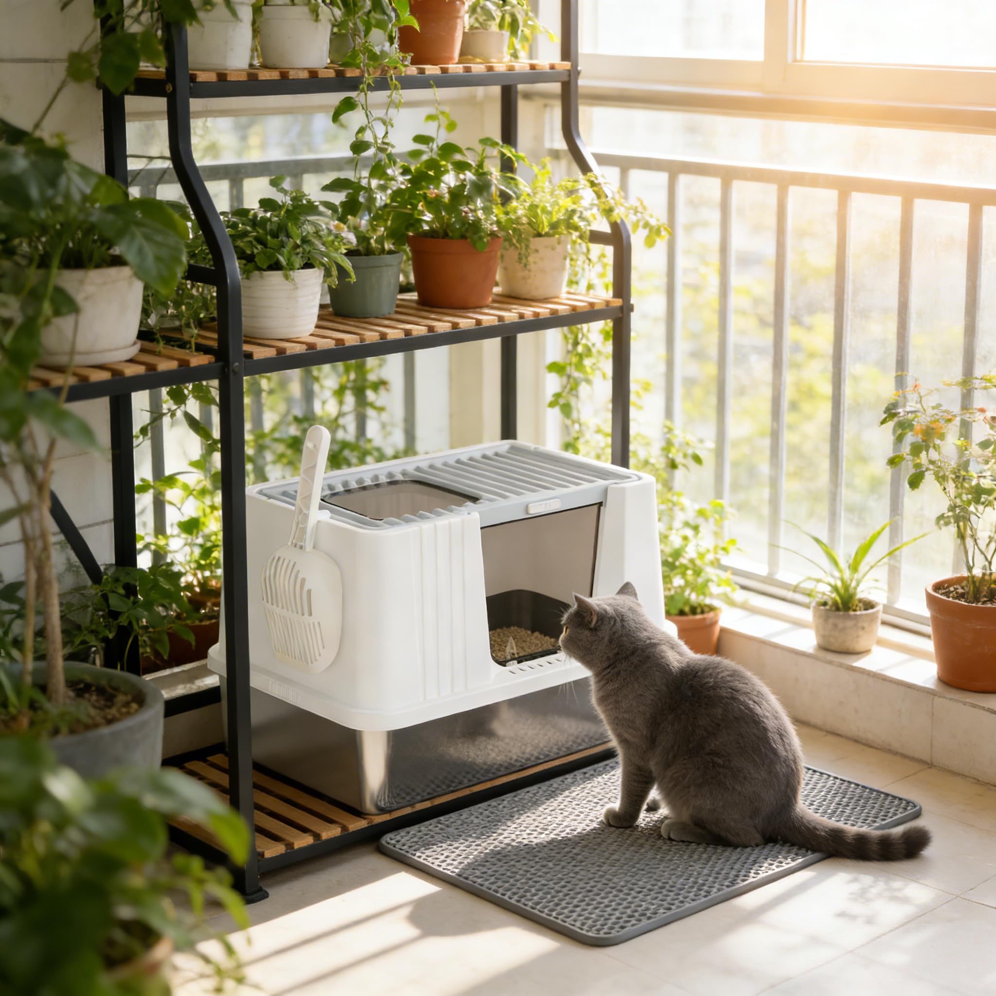 Oneluck Stainless Steel Cat Litter Box with Enclosed Lid, Front Entry & Top Exit, Odor Control Anti-Leakage Kitty Litter Pan for Small Medium Cats, Easy Clean Assemble (White)