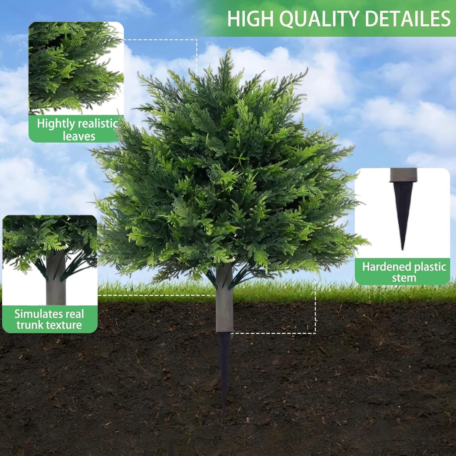Faux Topiary, Artificial Cedar Tree, UV Resistant Outdoor Plant Decor, Ground Spike Included, Landscaping for Porch, Patio, Garden, Walkway, 17.72 inches PE Green 1 Piece