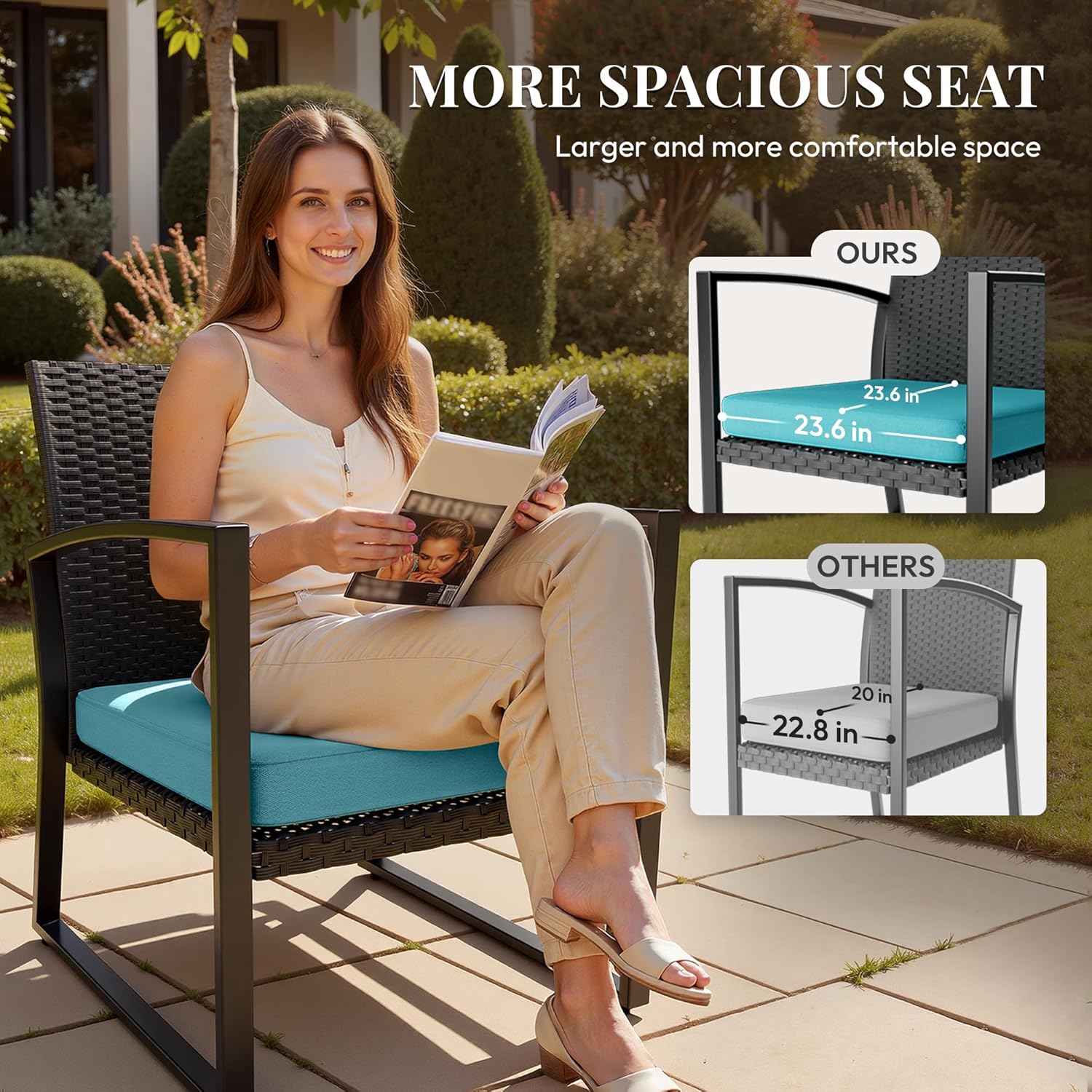 WWR Patio Bistro Sets - All-Weather, Wider Position - 3 Piece Small Outdoor Patio Furniture Set, Wicker Rattan Front Porch Chairs Conversation Sets with Table for Balcony, Garden, Poolside