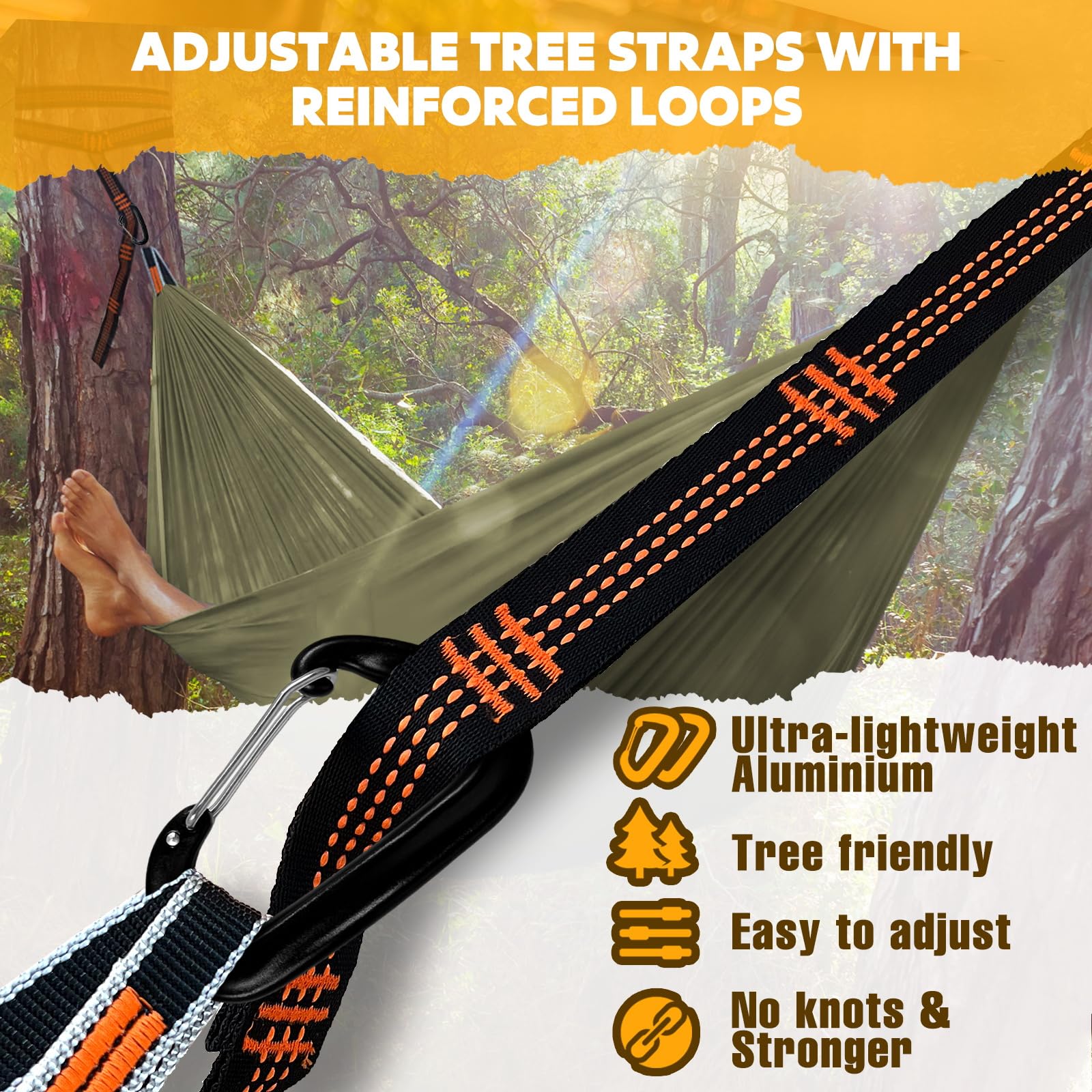 NATUREFUN Amaca da Campeggio da Viaggio Ultraleggera | capacità di Carico 300kg | (300x200 cm) Traspirante, Nylon da Paracadute | 2x Moschettoni Premium,2x Corde in Nylon Incluse | Interno Esterno