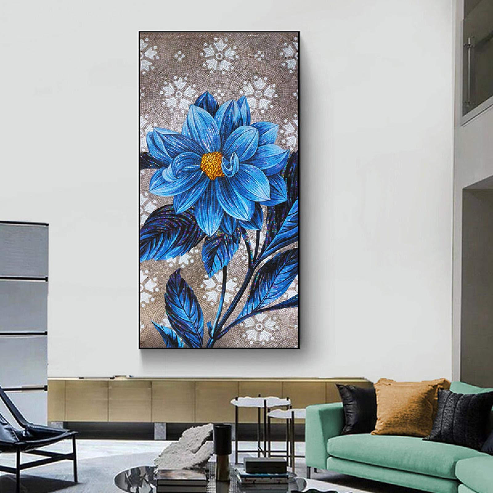 Flor de peonía azul Entrada abstracta Pasillo Decoración para el hogar Pintura Lienzo Arte de la pared Cartel Impresiones de imágenes botánicas de lujo 75x150cm (30x59in) Con marco