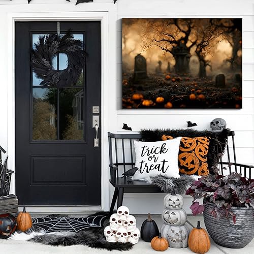 Miniatura 20 de Denozer Lienzo decorativo para pared de Halloween, castillo de terror de 32 x 24 pulgadas, decoración de pared de luna, decoración de otoño de Obra
