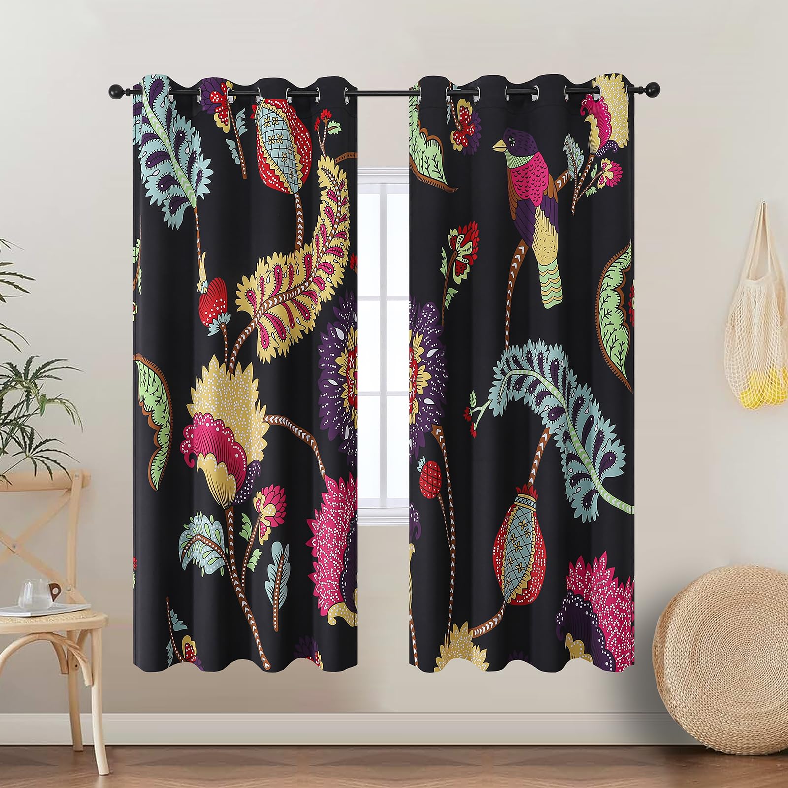 VEHEDE Boho Bird Printed Curtains, Vintage Black Printed Room Darkening Curtain for Bedroom, 72 inch Long Eyelet Thermal Insulated Drapes for Living Room 2 Panles W52 X L72 Inch