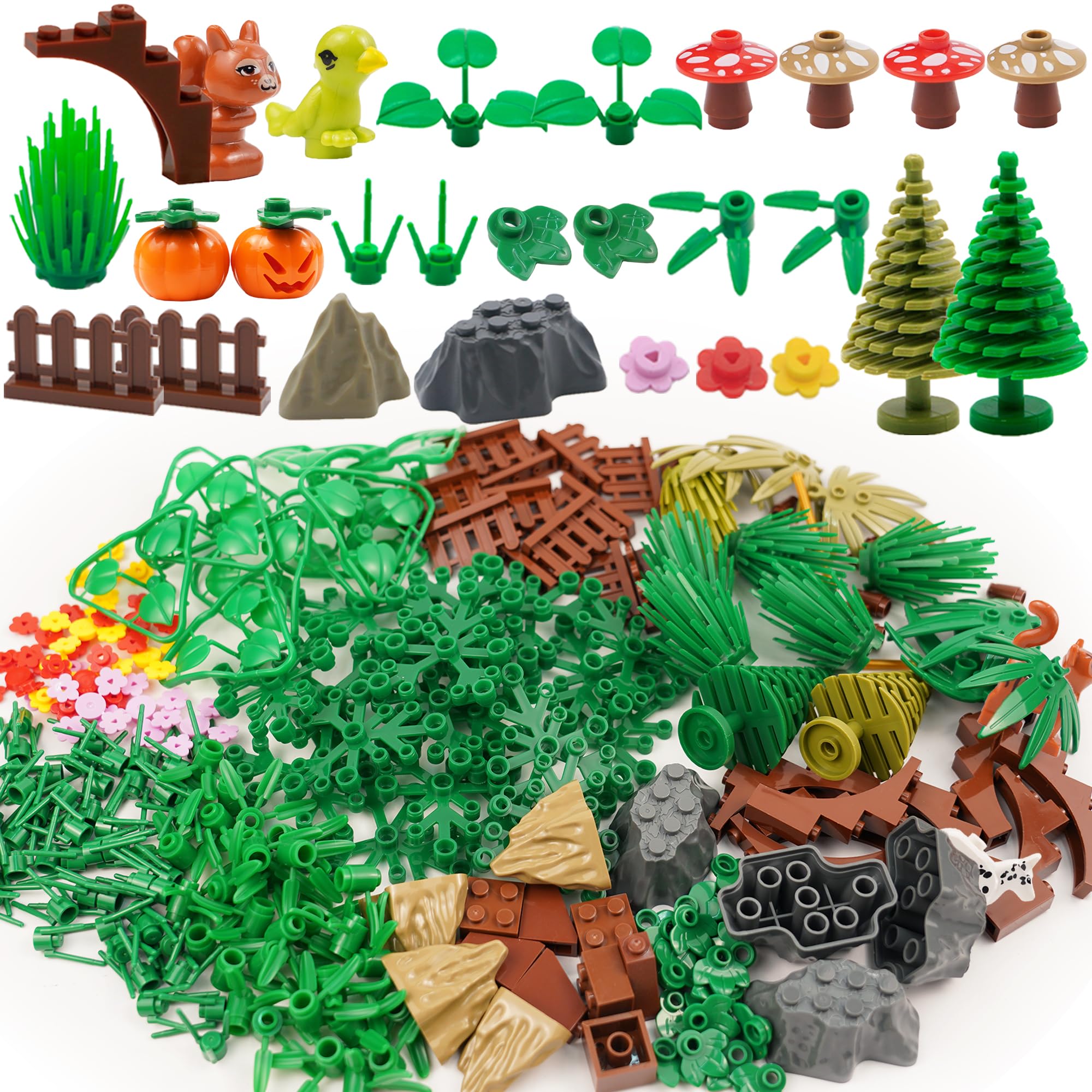 BroTex Plants Tree Accessories Jungle - Botanical Parts Bricks Flower Leaf Forest Flower Plants Pieces Building Blocks Set, Animals Farm Squirrel Birds Grass Garden House Toy (Without Baseplate)