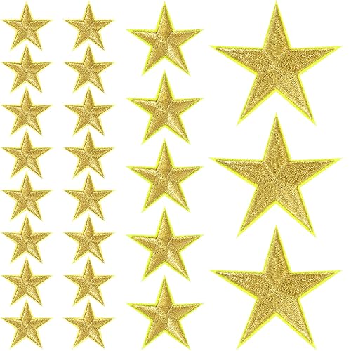 PAGOW 24pcs Gold Star Iron on Patch, Sew on Star Embroidered Patches, Iron on Star Fabric Patches, Appliques Embellishments Patches for Hats, Jackets, Clothes, Decor & Repair (1"+1.8"+3") - Gold(24pcs) 3+5+16