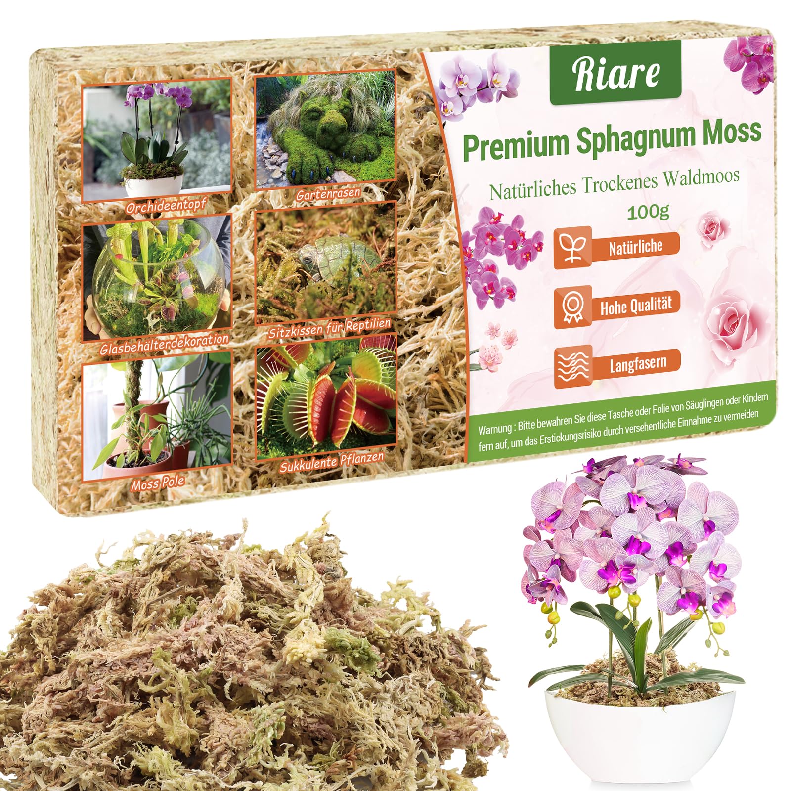 Riare 100g Sphagnum Moos Naturfaser für Orchideen, Karnivoren