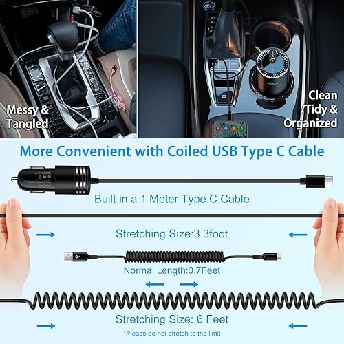 Miniatura 5 de Cargador de coche Android Auto de 48 W, cable USB C retráctil para teléfono rápido, cable de carga en espiral tipo C de 3 pies y 6 pies para Samsung