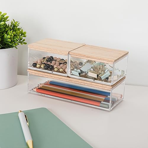 Martha Stewart Brody - Contenedores organizadores de plástico con tapas de madera de paulownia para oficina en casa, cocina o baño, paquete de 3, 2 disponible en Yaxa Venezuela