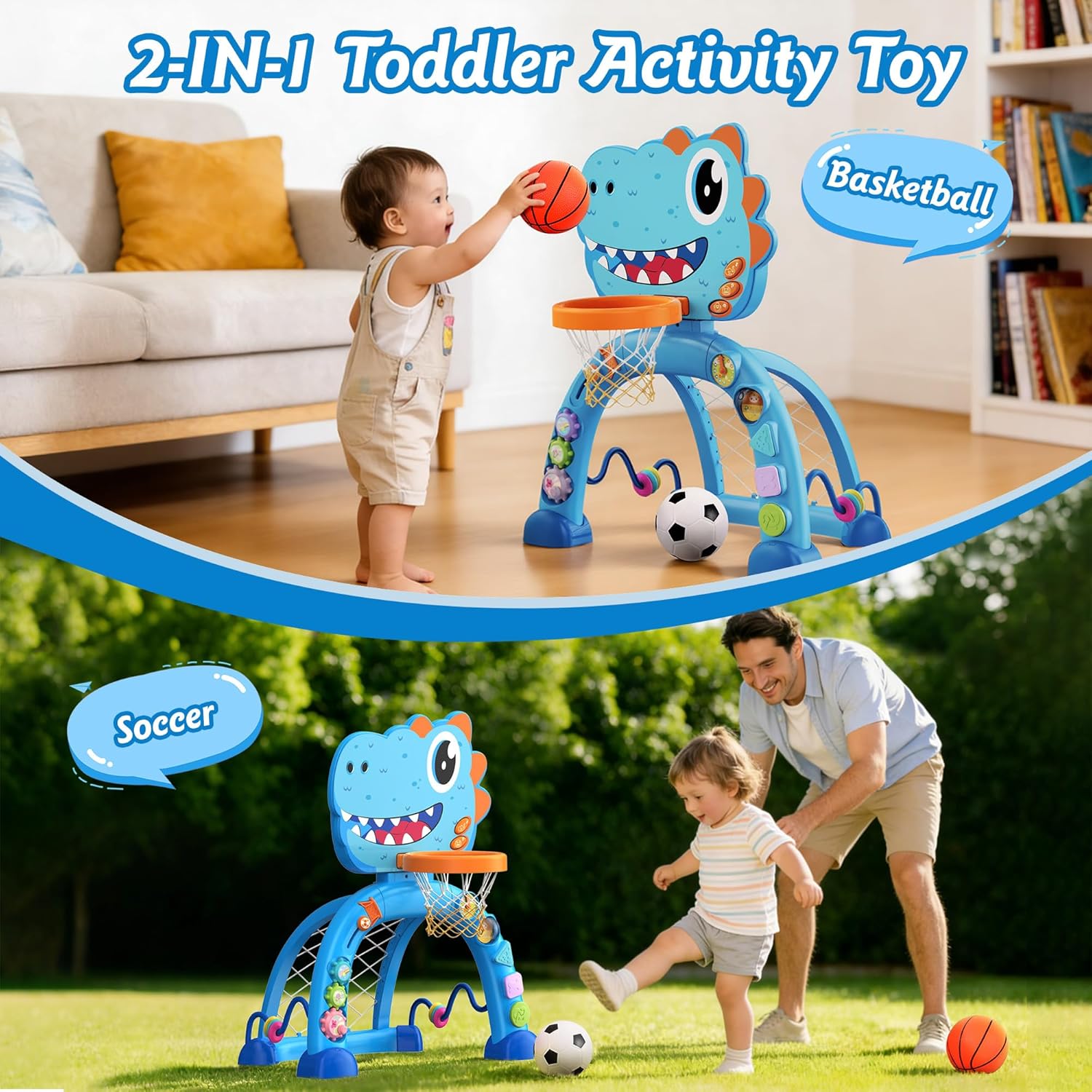 Dinosaur Toys for 1 Year Old Boy and Girl, Twinkoo Basketball Hoop & Soccer Goal Montessori Toys with Sound and Music for Baby 12-18 Months,Gift for 1 Year Old Boy Girl(Blue)