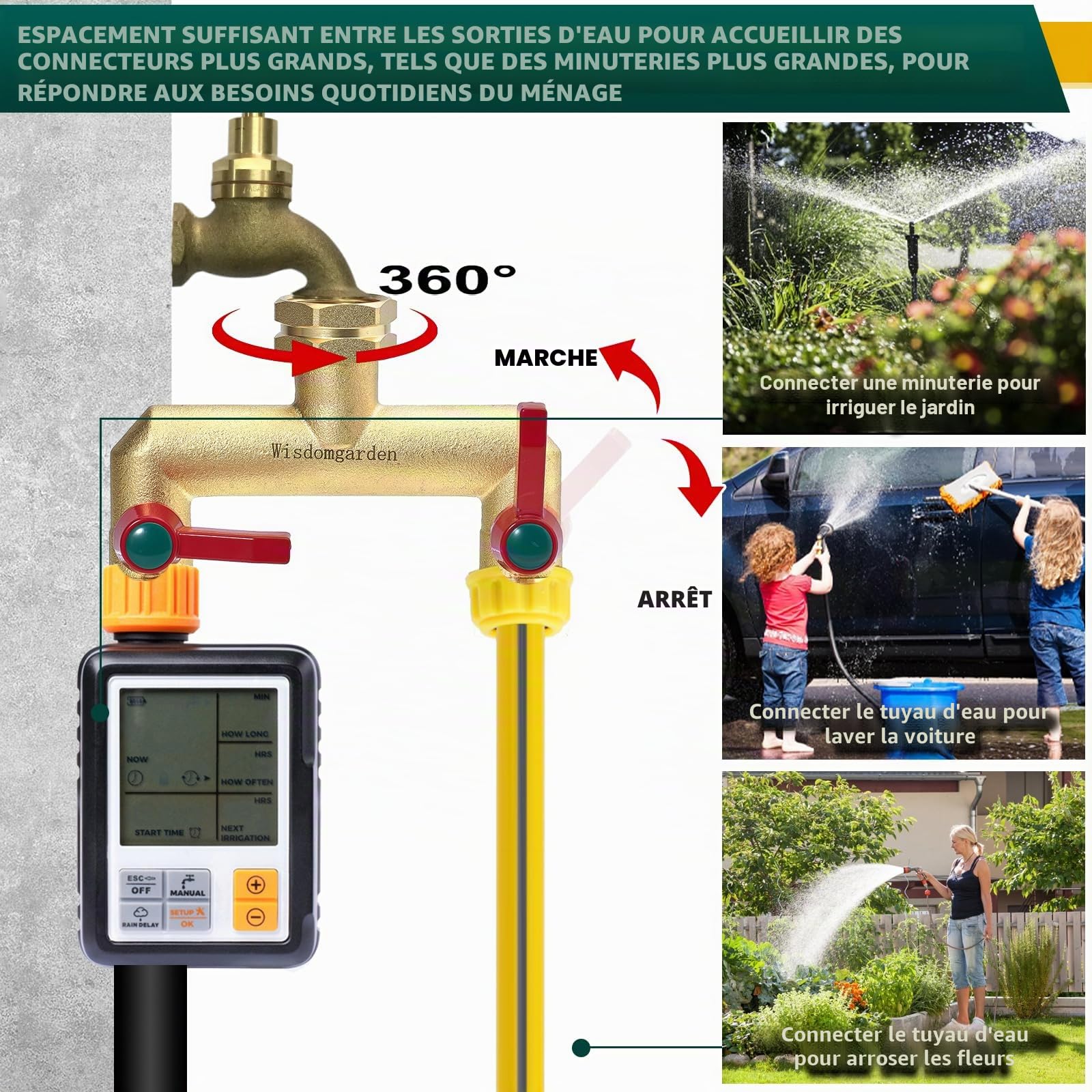 Distributeur 2 voies,Vanne à 2 voies d'eau pour robinet avec filetage de 3/4Pouce,Poignée allongée Facilité d'utilisation,laiton très résistant robuste et durable,avec 1/2Pouce adaptateur