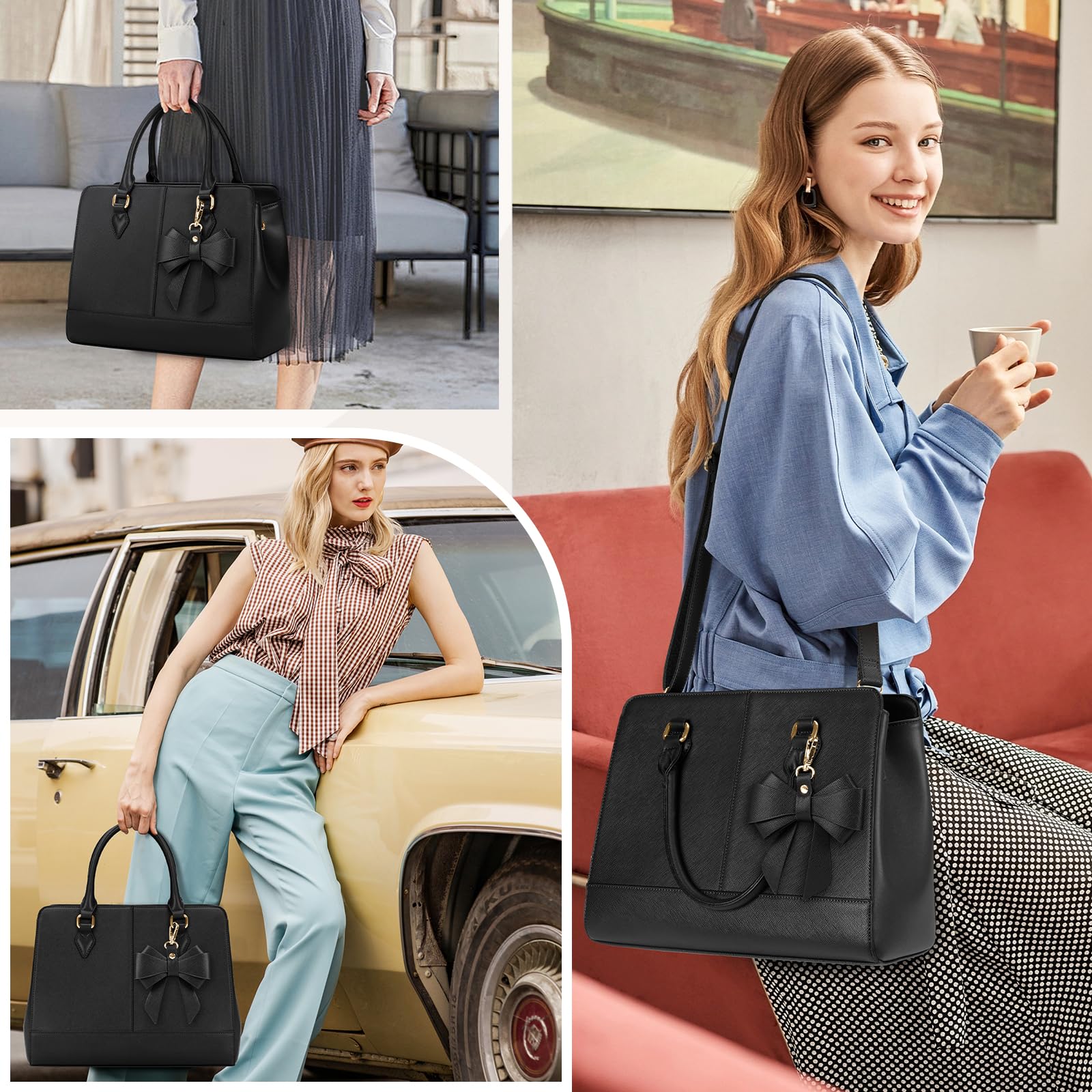 RAINSMORE Borsa a Mano Donna Media Pelle PU Borsa Lavoro Donna Borsetta a Spalla Borse Tracolla Ufficio Shopping Bag Tote Firmata 13 Pollici Nero