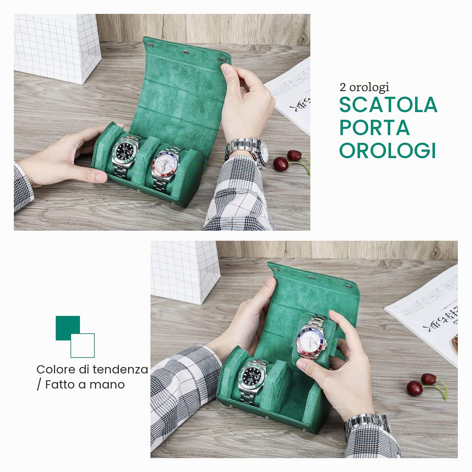Hiram Custodia da viaggio per orologi, in vera pelle, esagonale, 2 rotoli, organizer protettivo per orologi da polso (verde)
