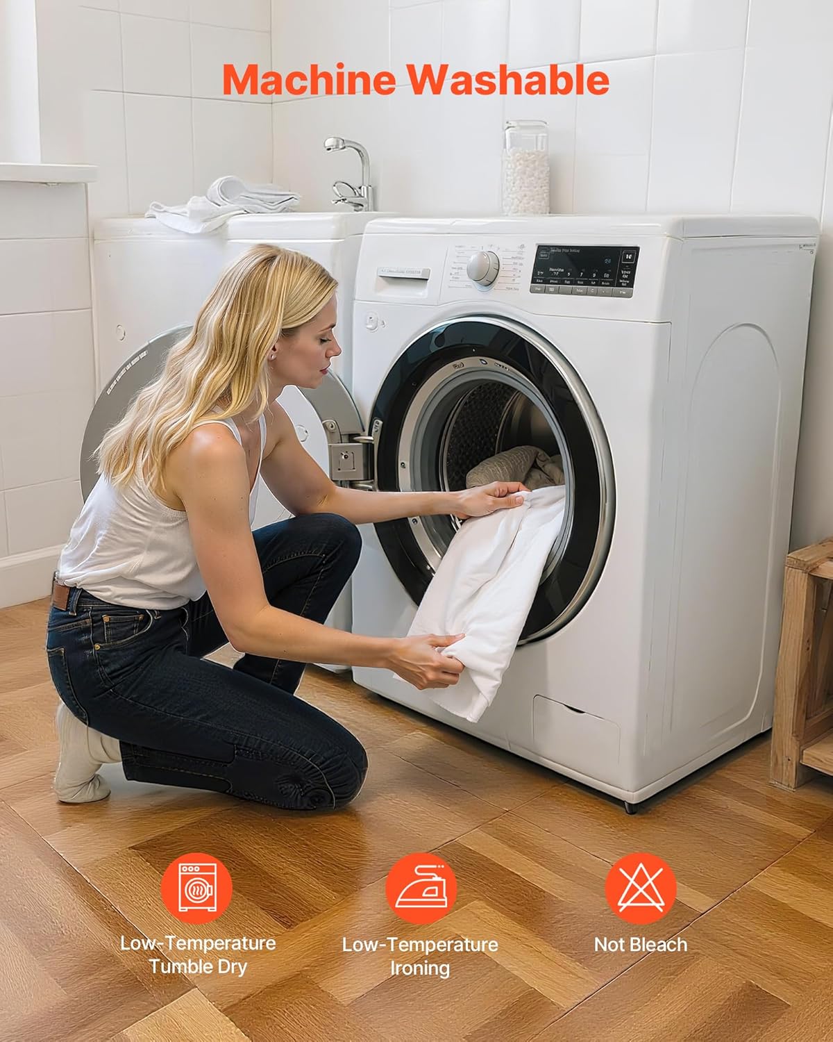 Woman placing a pillow protector into a washing machine.
