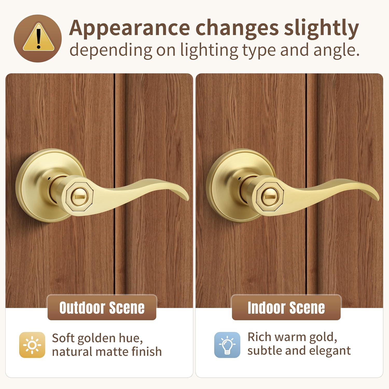 Moquin Privacy Wave Style Gold Door Handles with Lock (No Key), Brushed Gold Door Handles with Reversible Lever for Bathroom and Closet, Satin Brass