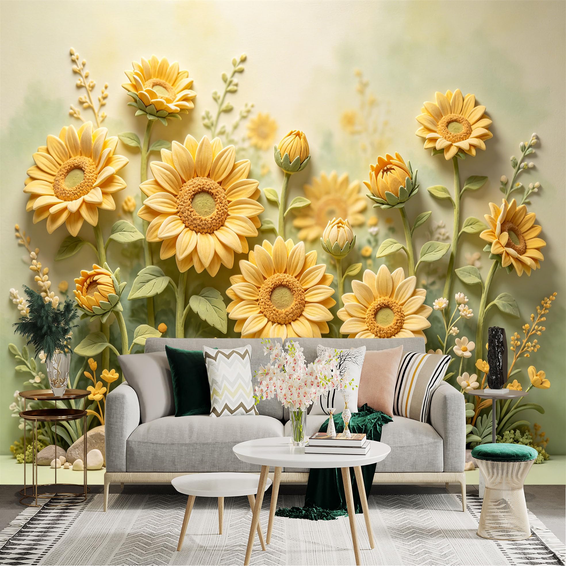 Lnzczhyre Dbh260521772 Custom Size Wall Sticker Mural， Yellow Sunflowers In Bloom， Soft Botanical Garden， Natural Floral Art， For Wall Decoration， Peelandstick Wall Decals.